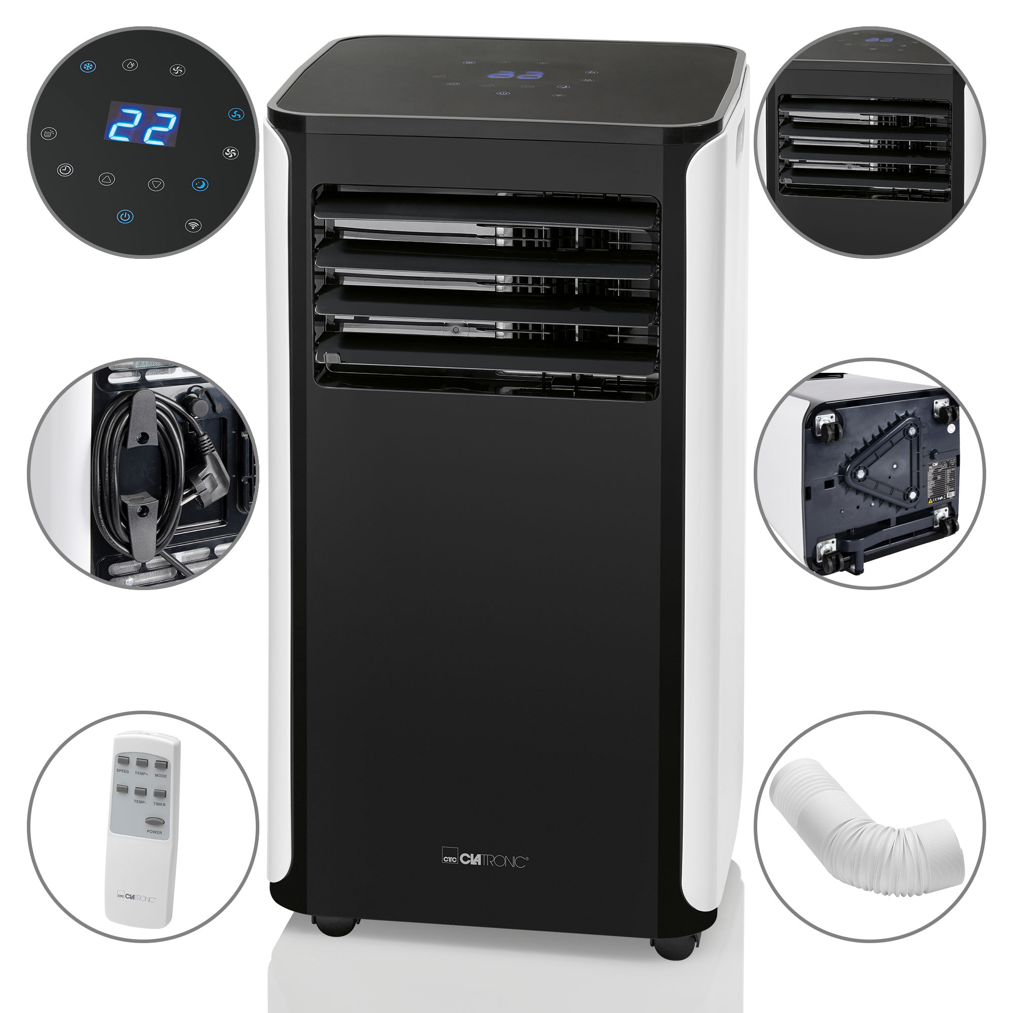 Przenośny klimatyzator z wieloma widokami. Czarno-biały design, wyświetlacz cyfrowy i pilot.