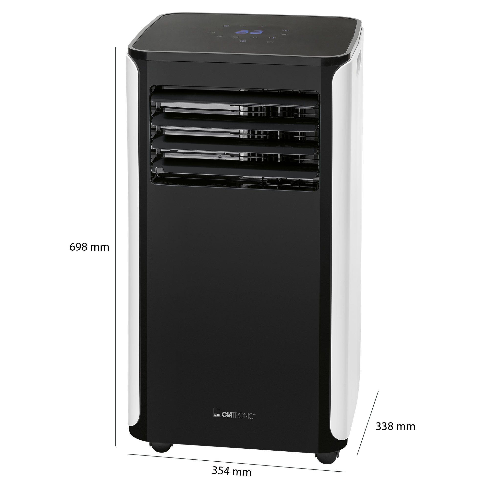 Czarno-biały klimatyzator. Wymiary podano w milimetrach. Na górze znajduje się panel sterowania.