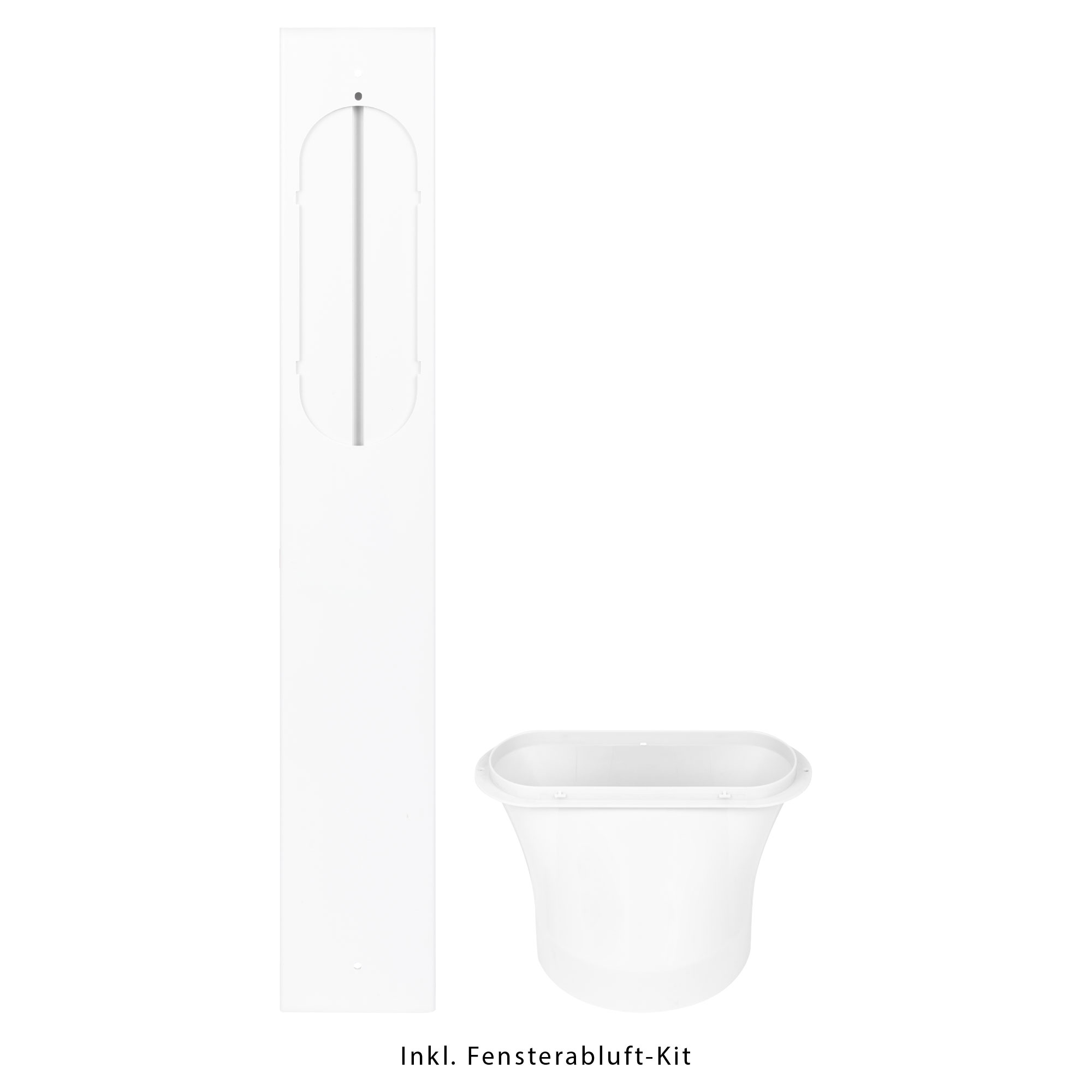 Białe części zestawu okiennego klimatyzatora, z długim panelem i podstawą.