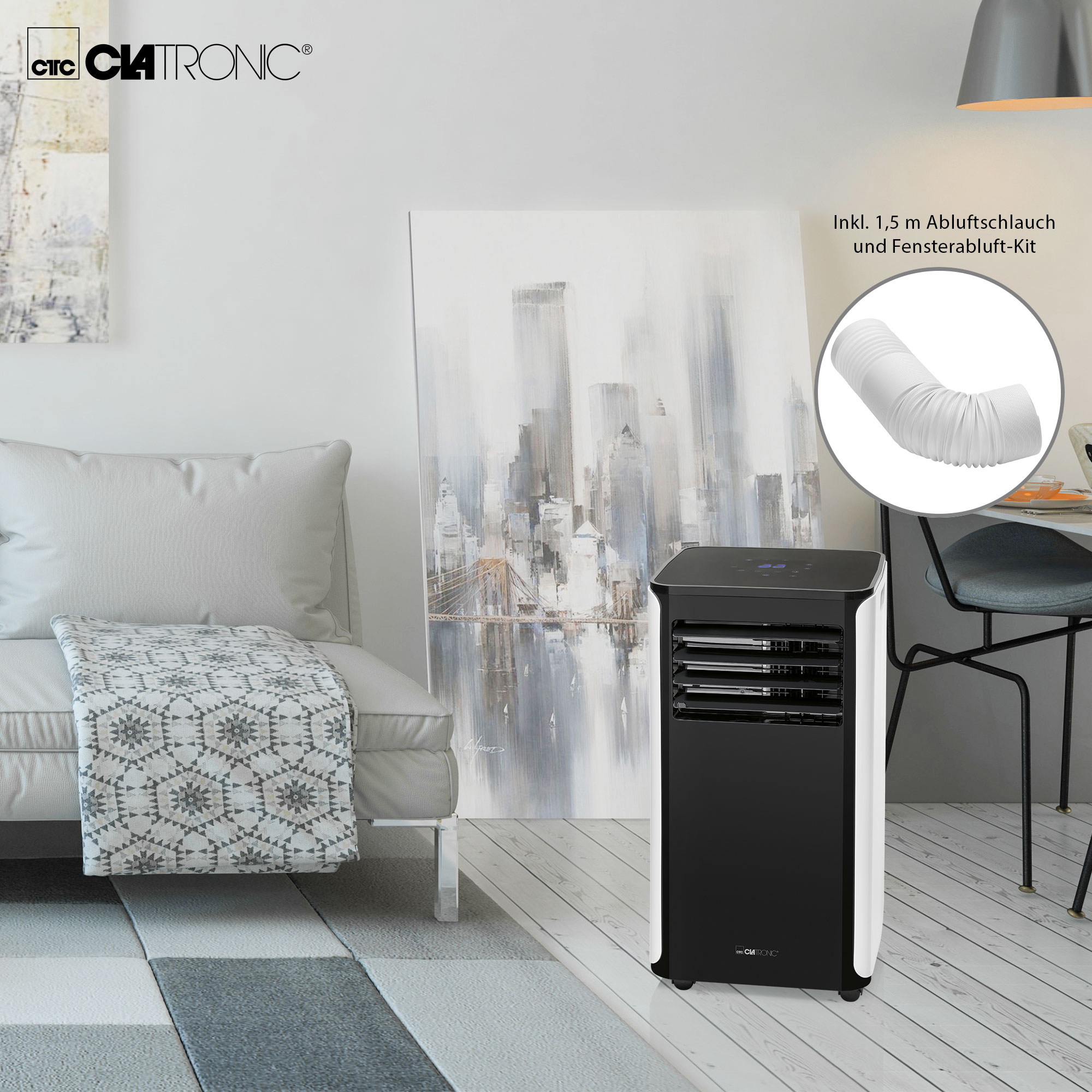 Czarno-biała chłodziarka powietrza, z zestawem wentylacyjnym, w salonie.