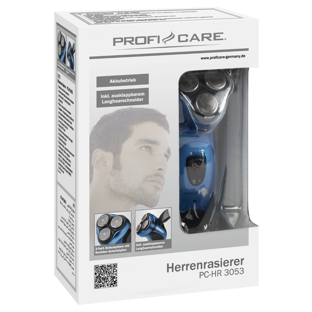 Niebieska golarka elektryczna w pudełku. Twarz mężczyzny na pudełku. Zbliżenia na głowice golarki.