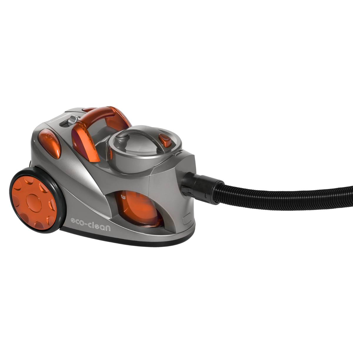 Srebrno-pomarańczowy odkurzacz. Odkurzacz ma wąż i akcesoria. Czarne tło.