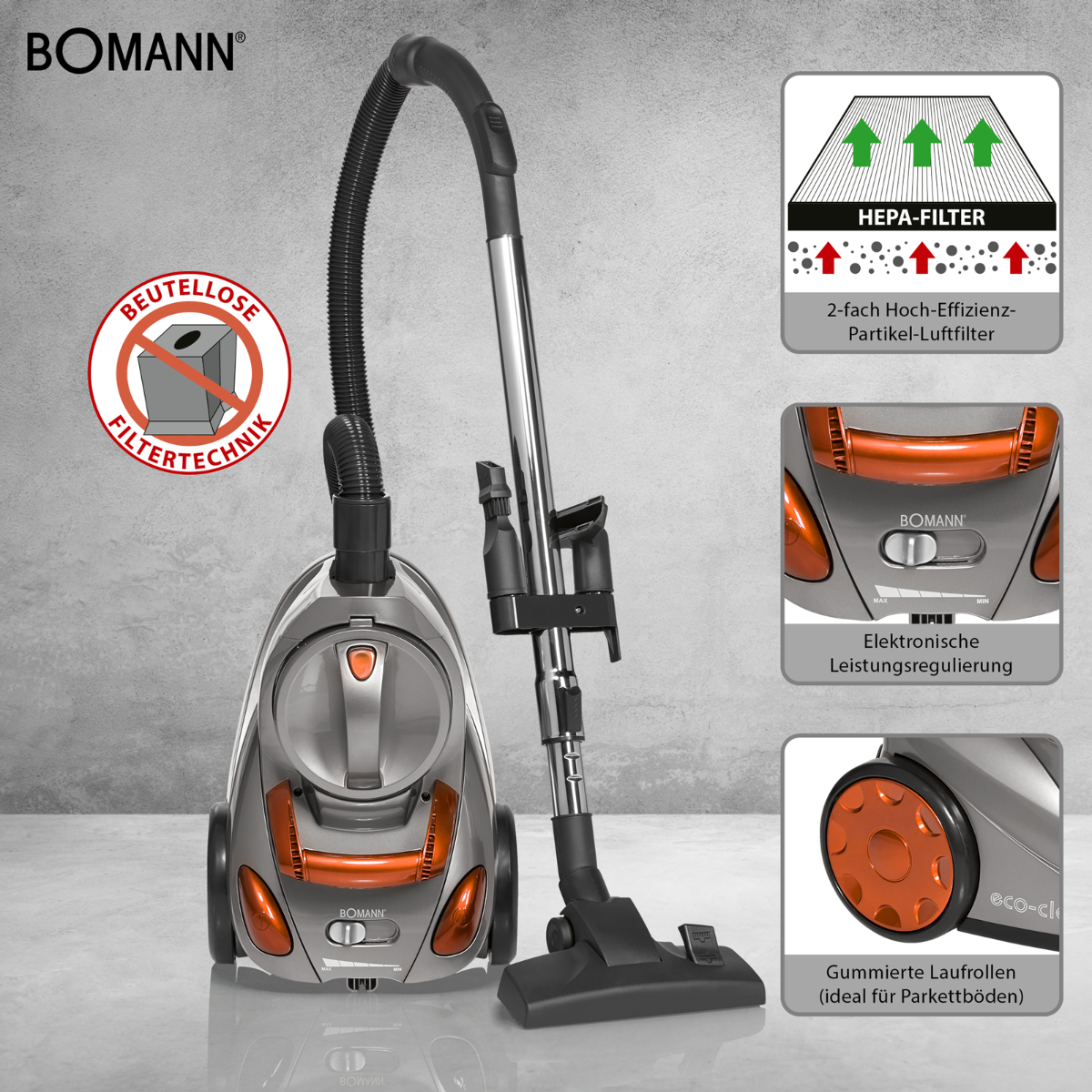 Srebrno-pomarańczowy odkurzacz z wieloma załącznikami i ikoną filtra HEPA na szarym tle.