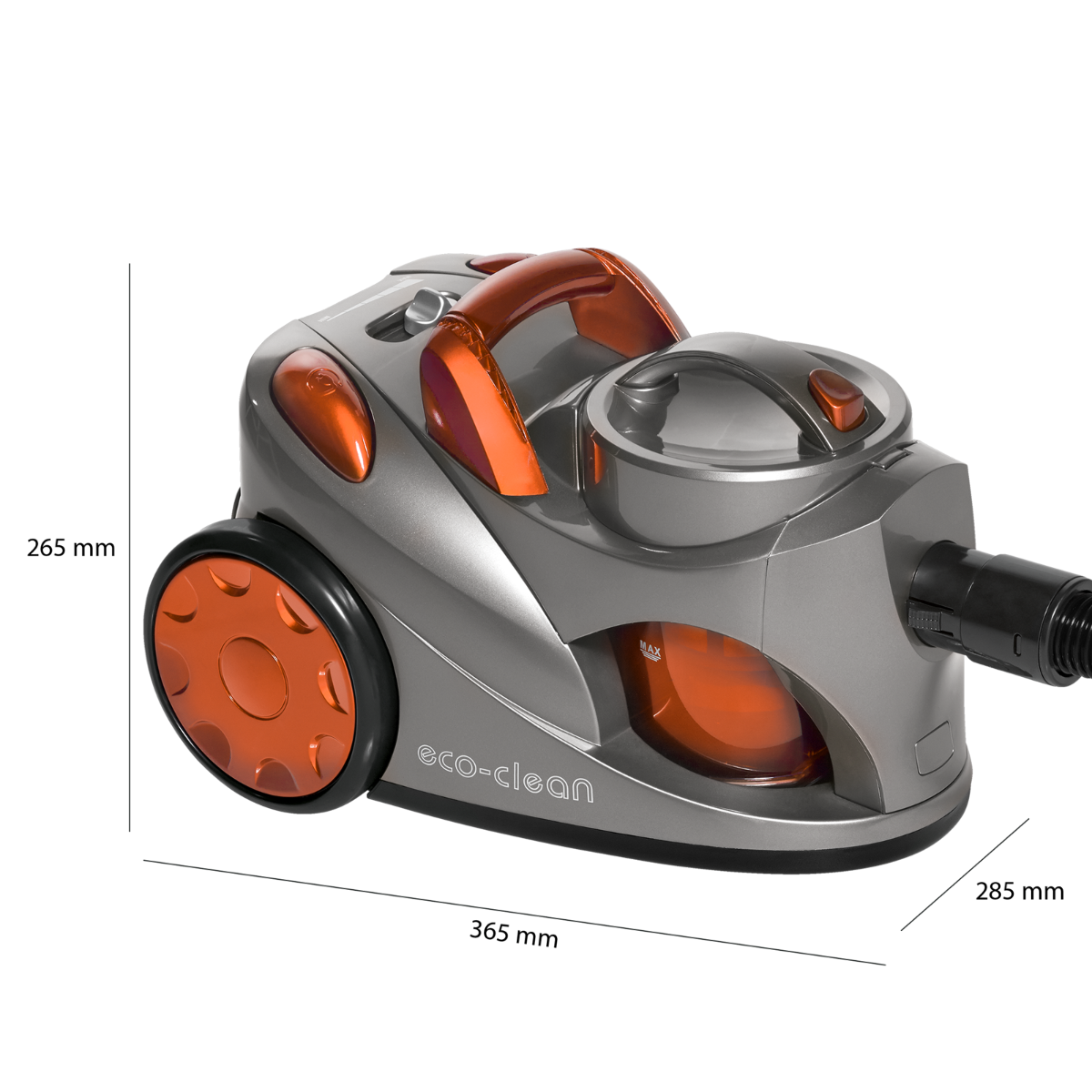 Szaro-pomarańczowy odkurzacz, widok z boku, z wymiarami.