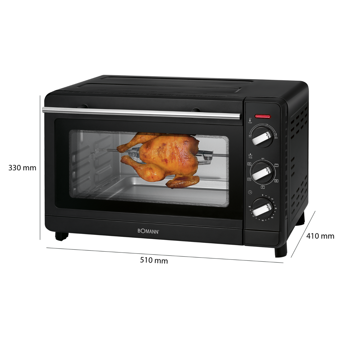 Forno nero con pollo arrosto all'interno. Il marchio Bomann è visibile.