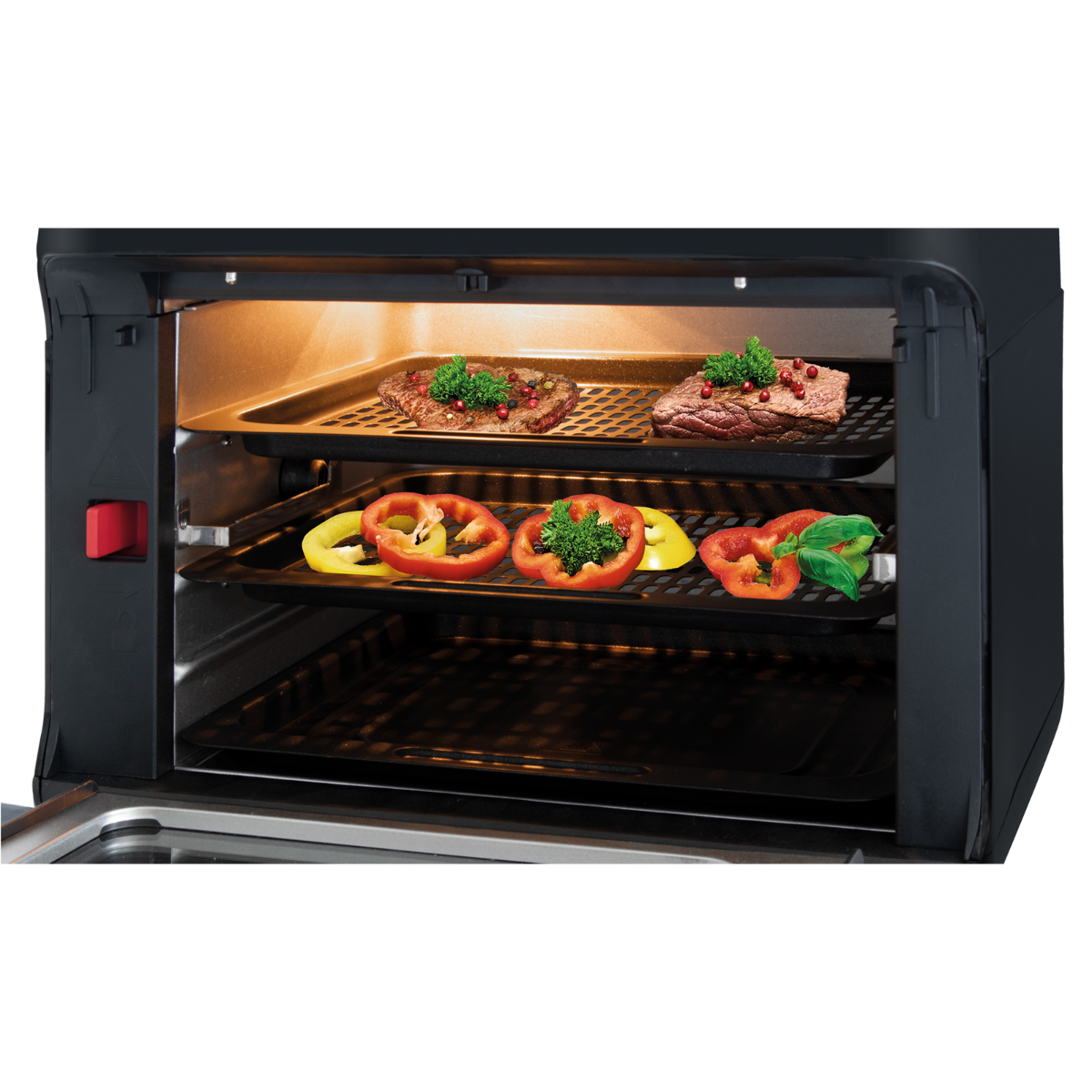 Otwarty piekarnik z jedzeniem: stek i papryka. Czarne wnętrze.