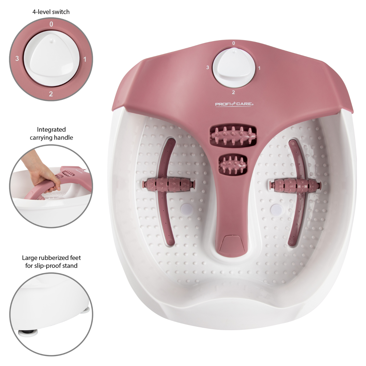 Spa do stóp z kontrolkami. Spa ma kolory różowy i biały, z obracającymi się rolkami do masażu.