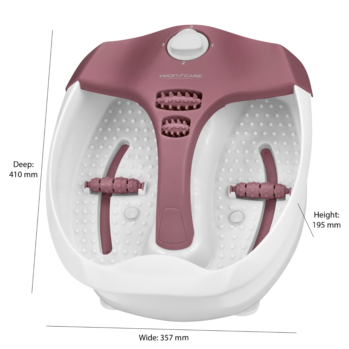 Biało-różowe spa dla stóp. Ma rolki i panel sterowania. Tło jest ciemne.
