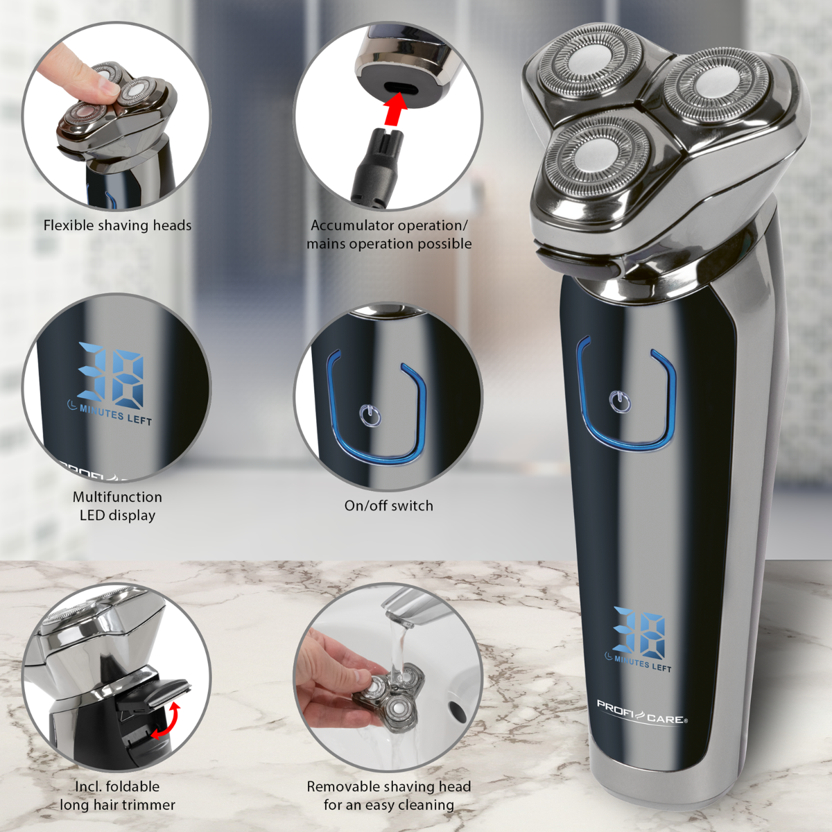 Golarka elektryczna z oznaczonymi częściami i funkcjami. Zawiera trymer do długich włosów. Marmurowe tło.