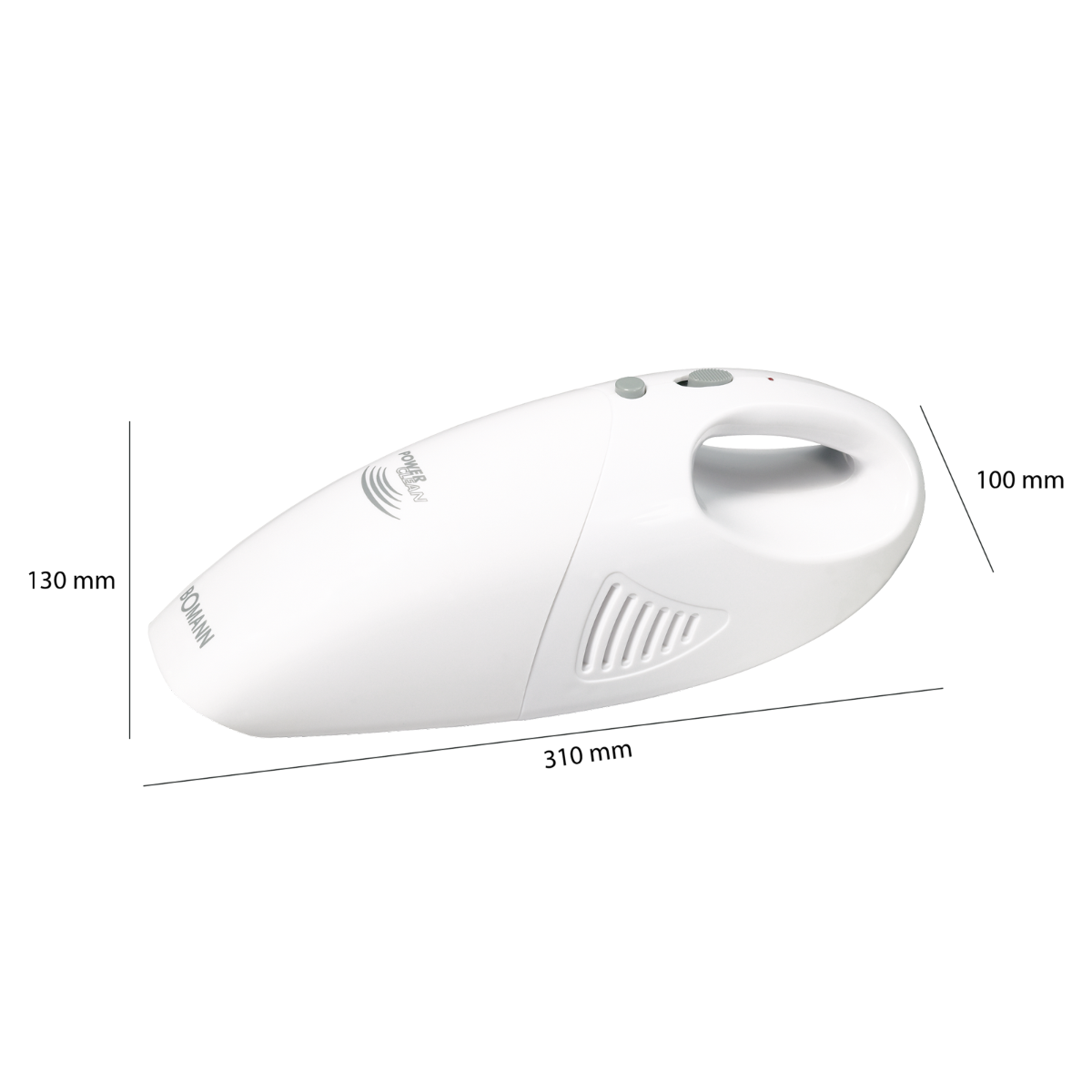 Biały odkurzacz ręczny z wymiarami na czarnym tle.