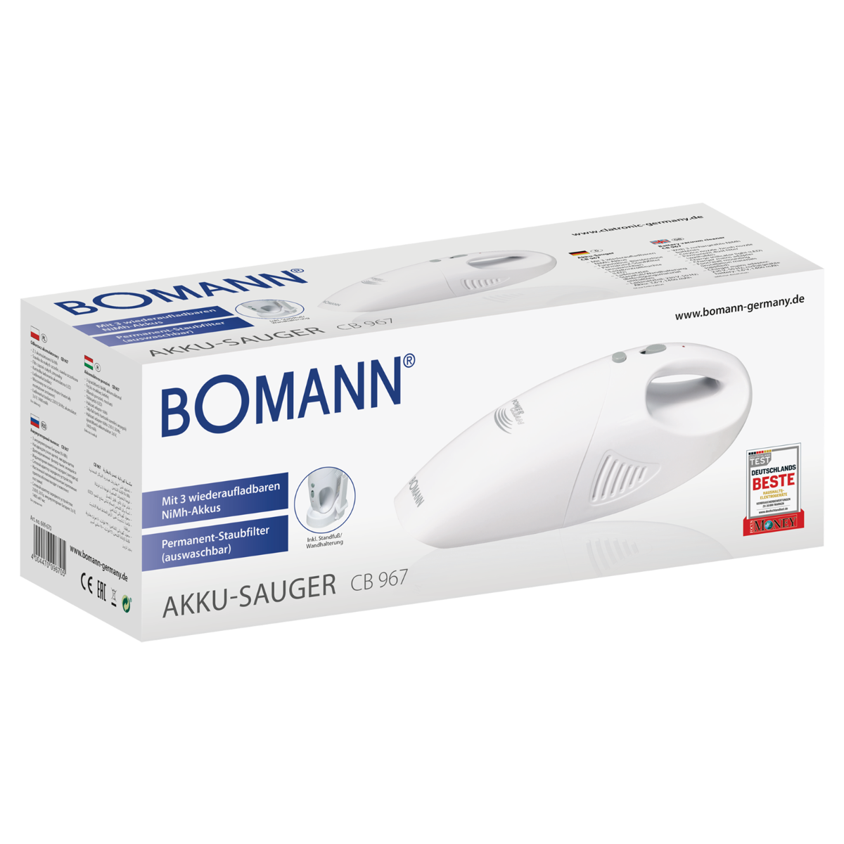 Biały odkurzacz ręczny w pudełku, pokazujący produkt i markę Bomann.