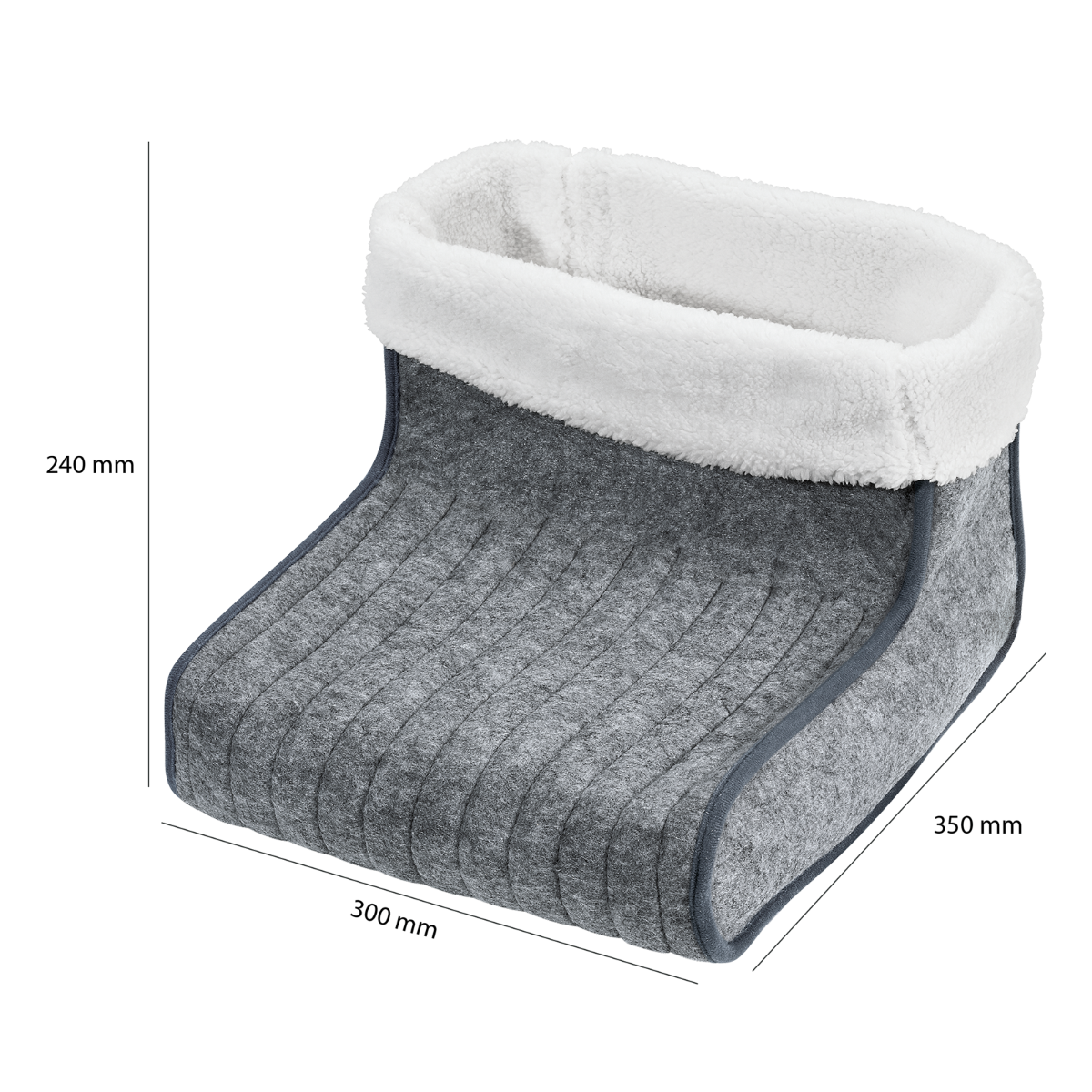 Szary filcowy ogrzewacz do stóp z białym, puszystym wnętrzem. Wymiary wyświetlane.