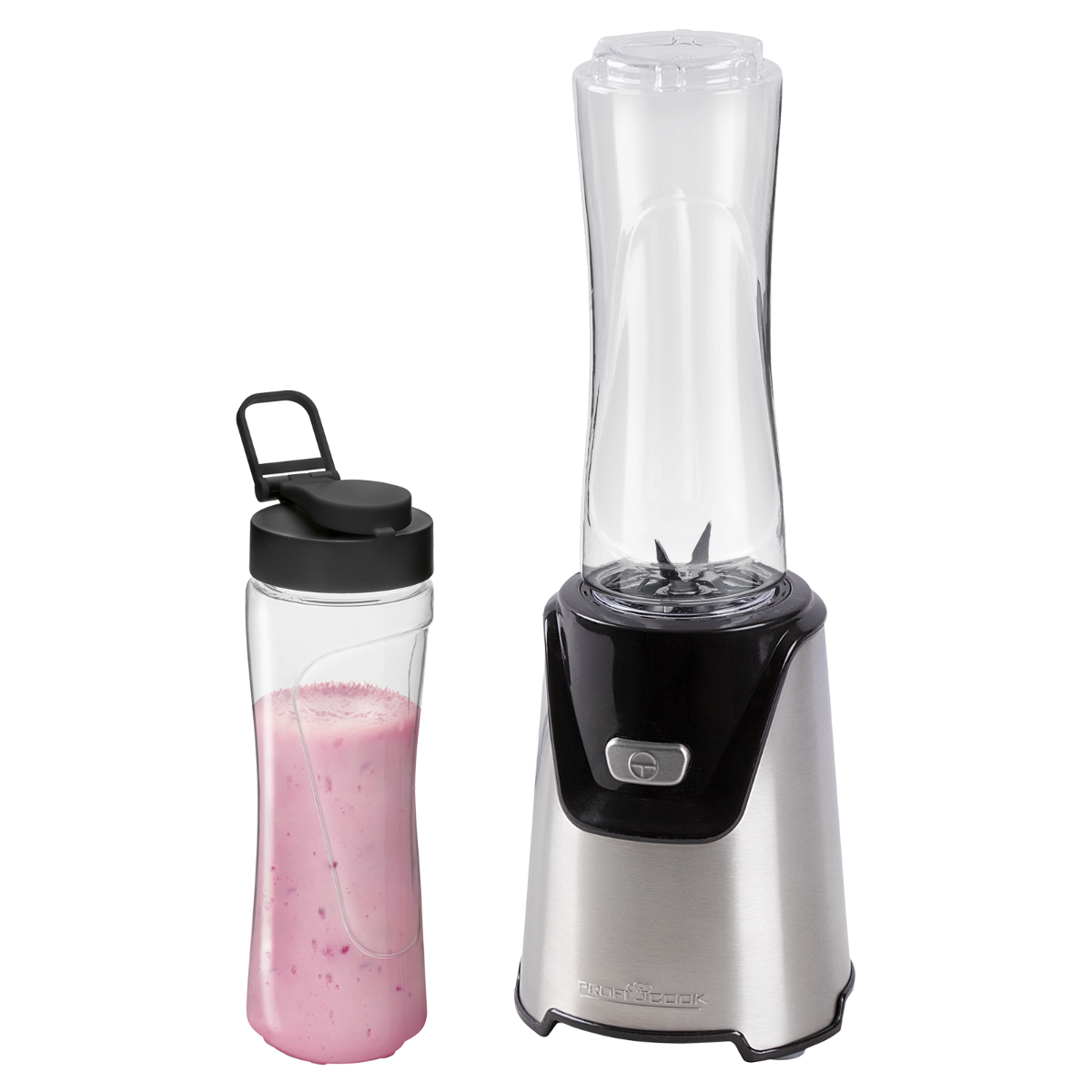 Blender z różowym koktajlem i oddzielnym pojemnikiem z czarną pokrywką.
