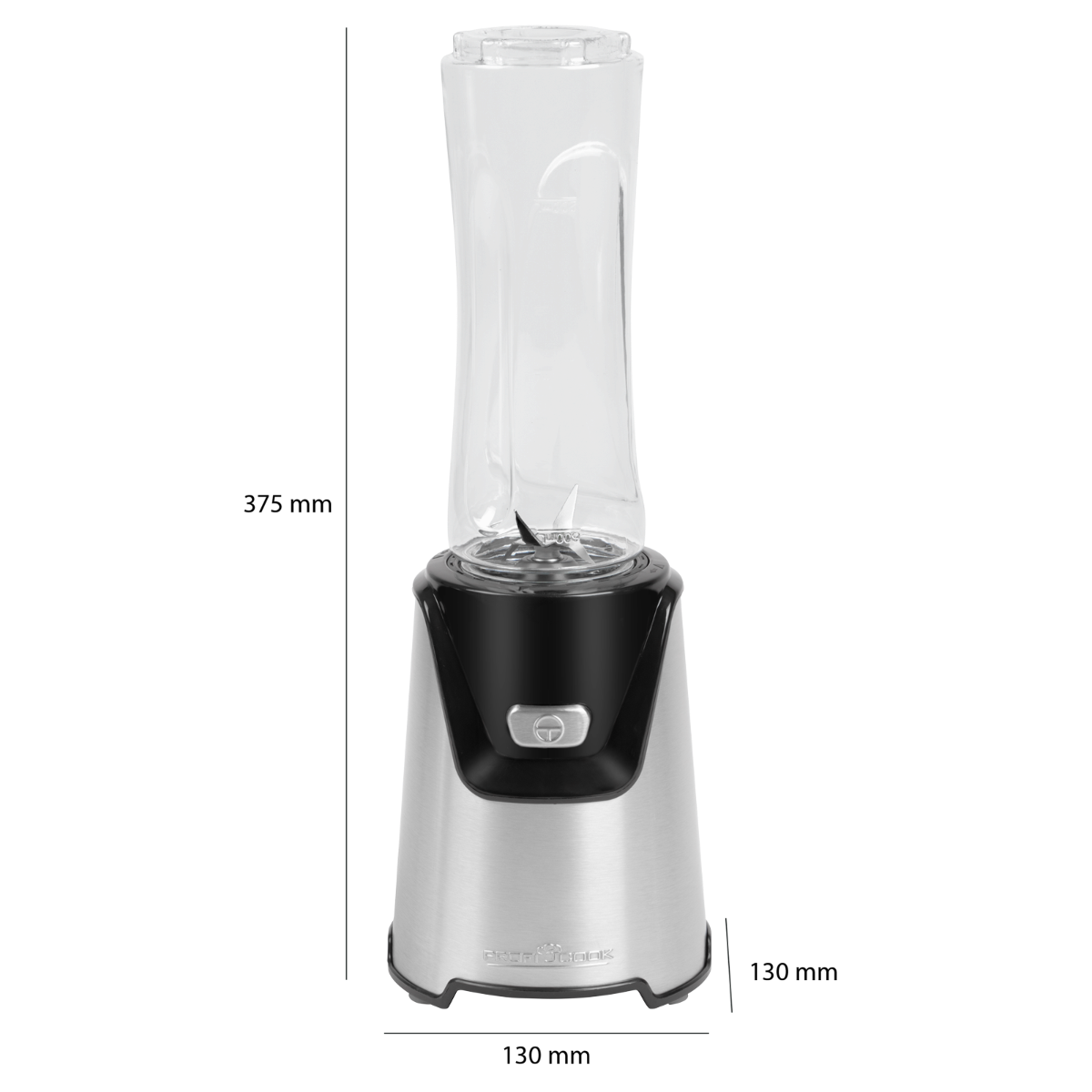 Srebrno-czarny blender z oznaczonymi wymiarami. Blender jest na czarnym tle.