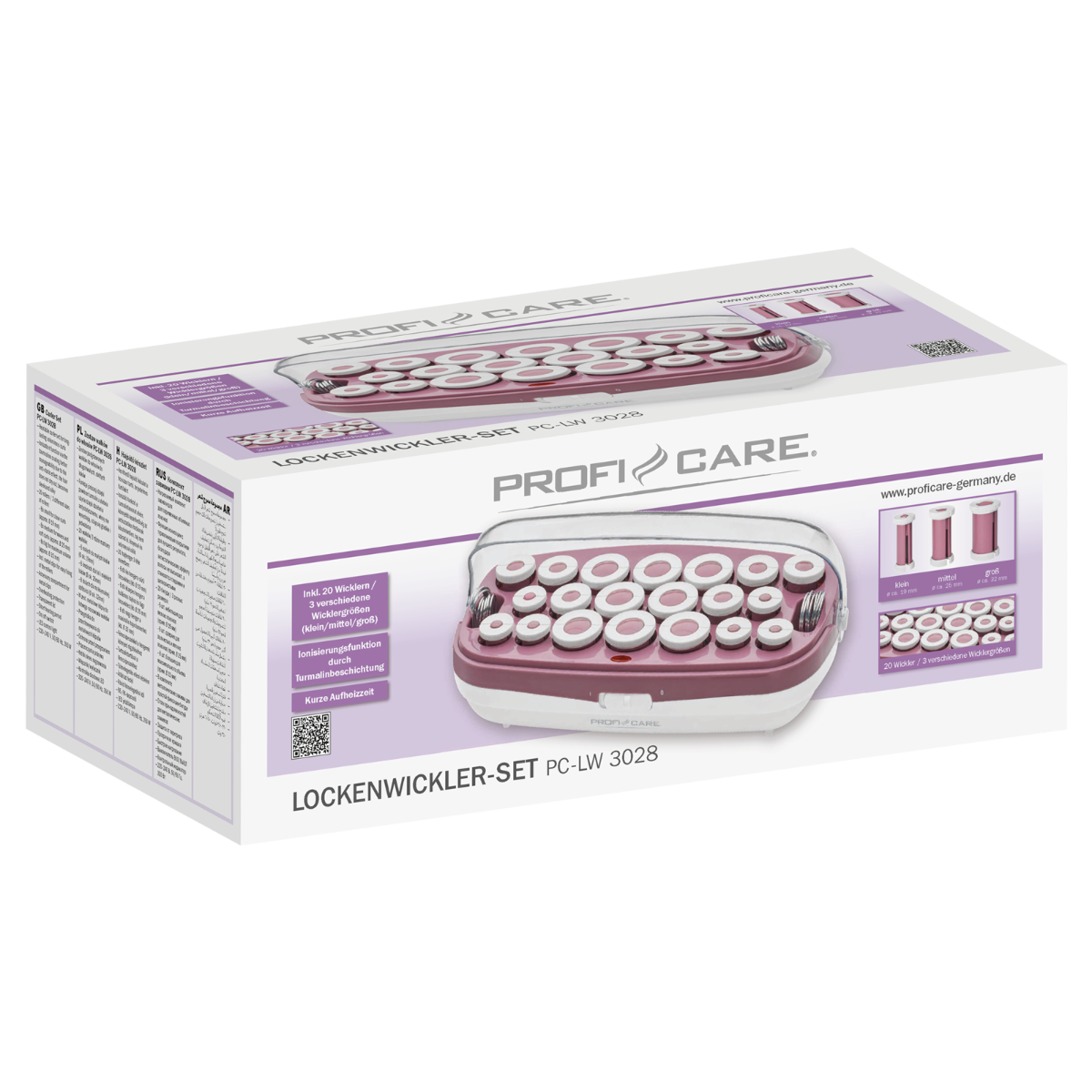 Box mit Lockenwicklern, rosa und weiß, mit Produktdetails, vor weißem Hintergrund.