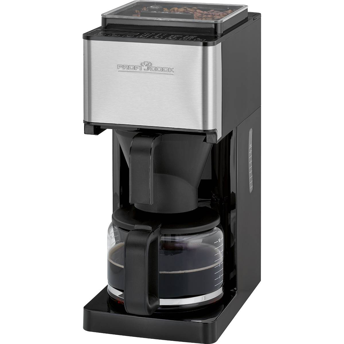 Cafetera de goteo - KA 1138, Cafetera de Goteo con Molinillo Café Integrado, Programable, 8 a 10 tazas 1,25L, Depósito 1 PROFICOOK, 900 W, Negro/Plata