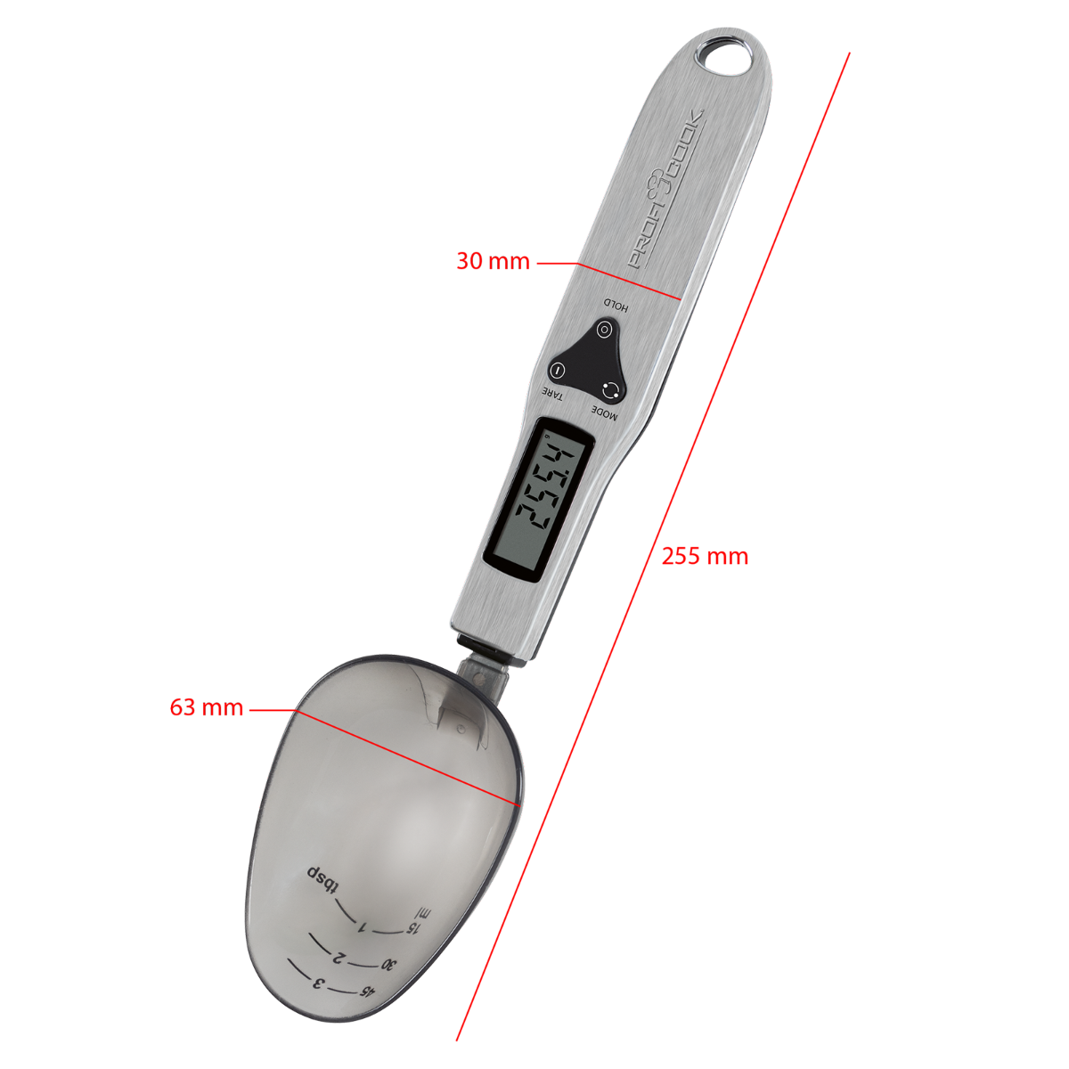 Cyfrowa łyżka miernicza z wyświetlaczem 255.4, z miarami.
