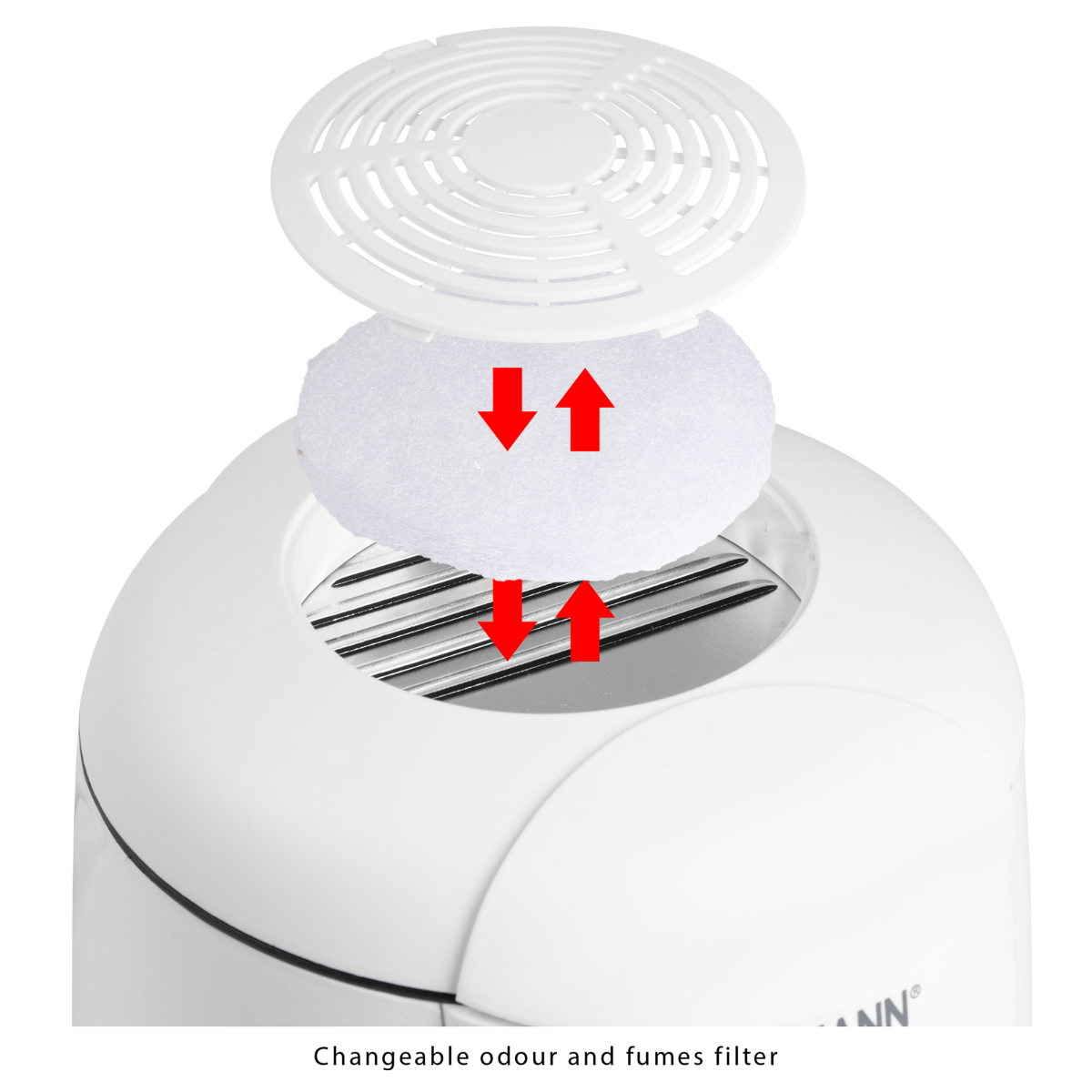 Części białego oczyszczacza powietrza pokazujące wymianę filtra, z czerwonymi strzałkami.