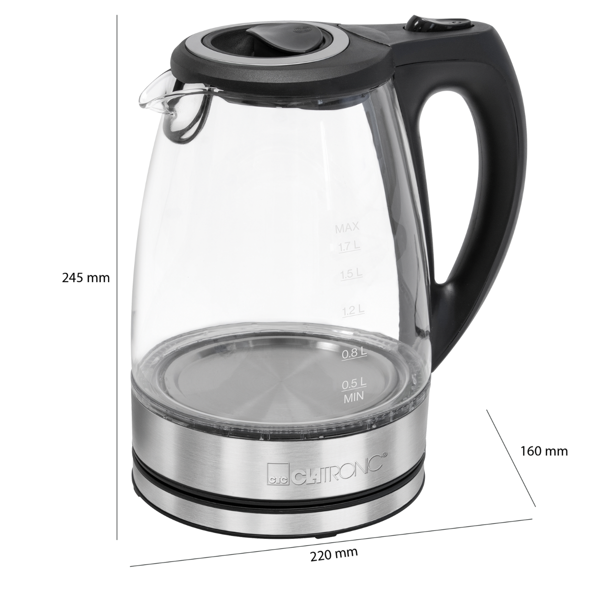 Szklany czajnik elektryczny z czarnym uchwytem. Z przodu ma miarki i logo.
