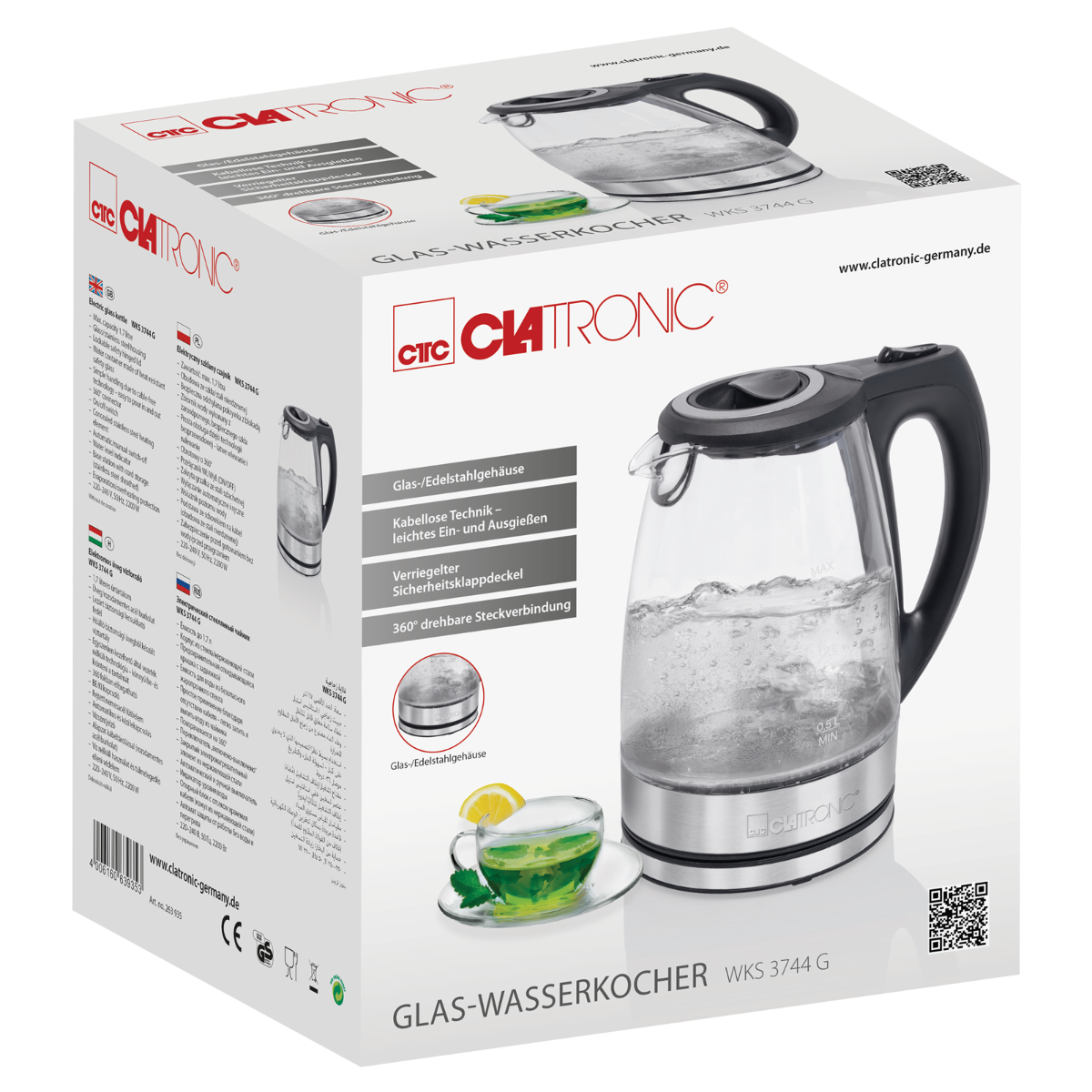 Biało-czarne pudełko z czajnikiem i filiżanką herbaty. Pudełko ma tekst i logo.