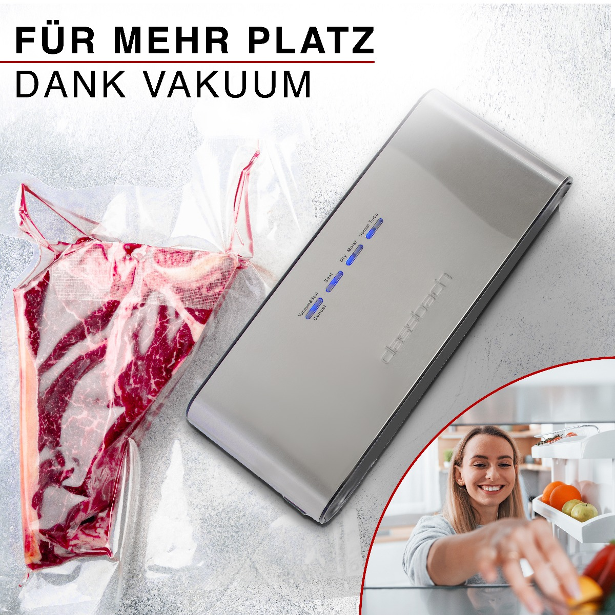 Zgrzewarka próżniowa i worek mięsa. Kobieta sięga po pakowane próżniowo mięso w lodówce.