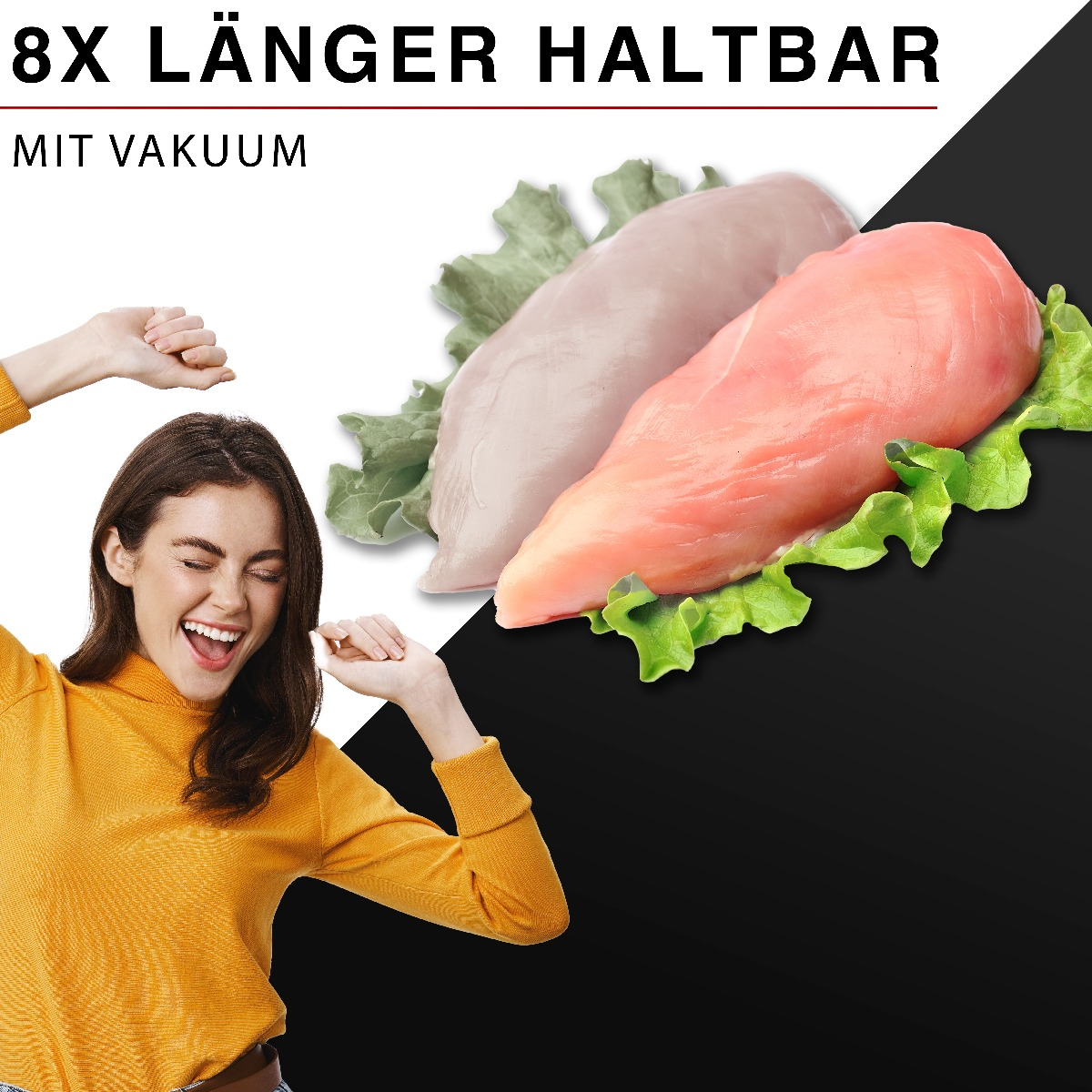 Dwie surowe piersi z kurczaka na sałacie, z czarnym tłem. Tekst brzmi „8X LÄNGER HALTBAR”.