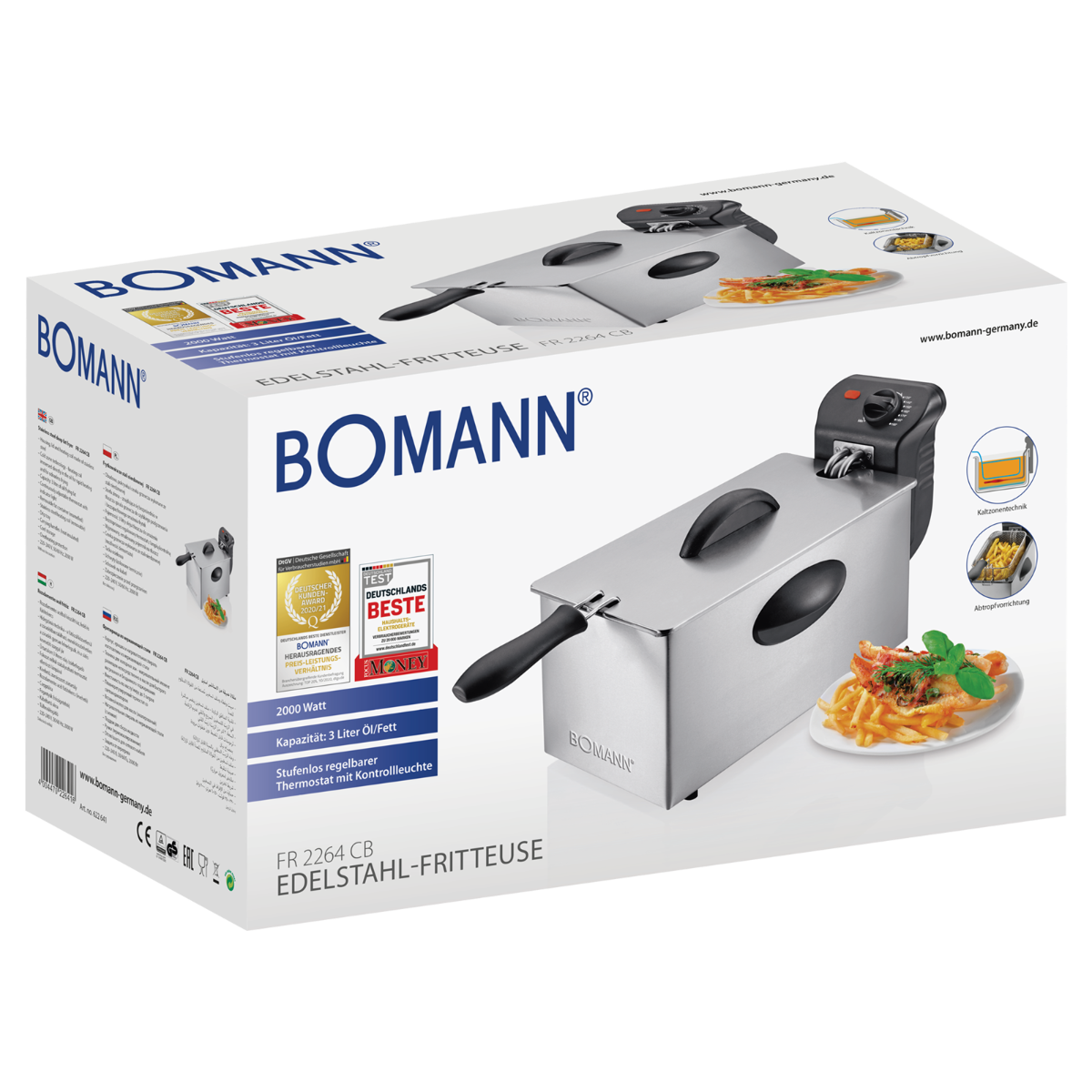 Frytownica z pudełkiem, frytkami i bazylią. Pudełko ma tekst i obrazy.