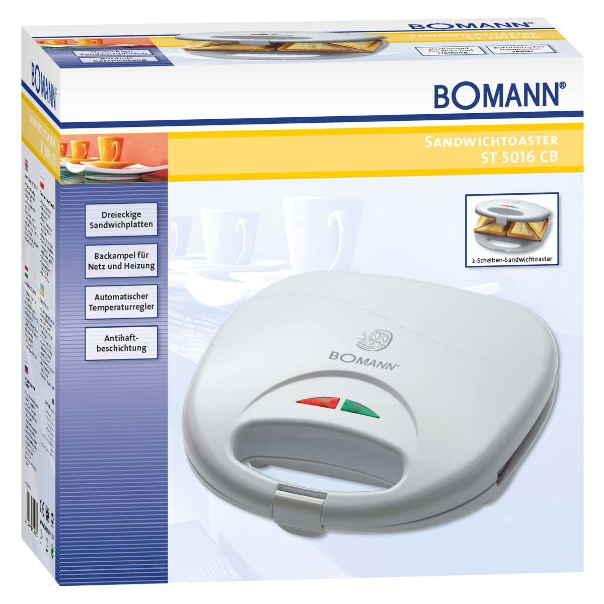 Biały opiekacz do kanapek z opakowaniem, pokazujący produkt i funkcje.