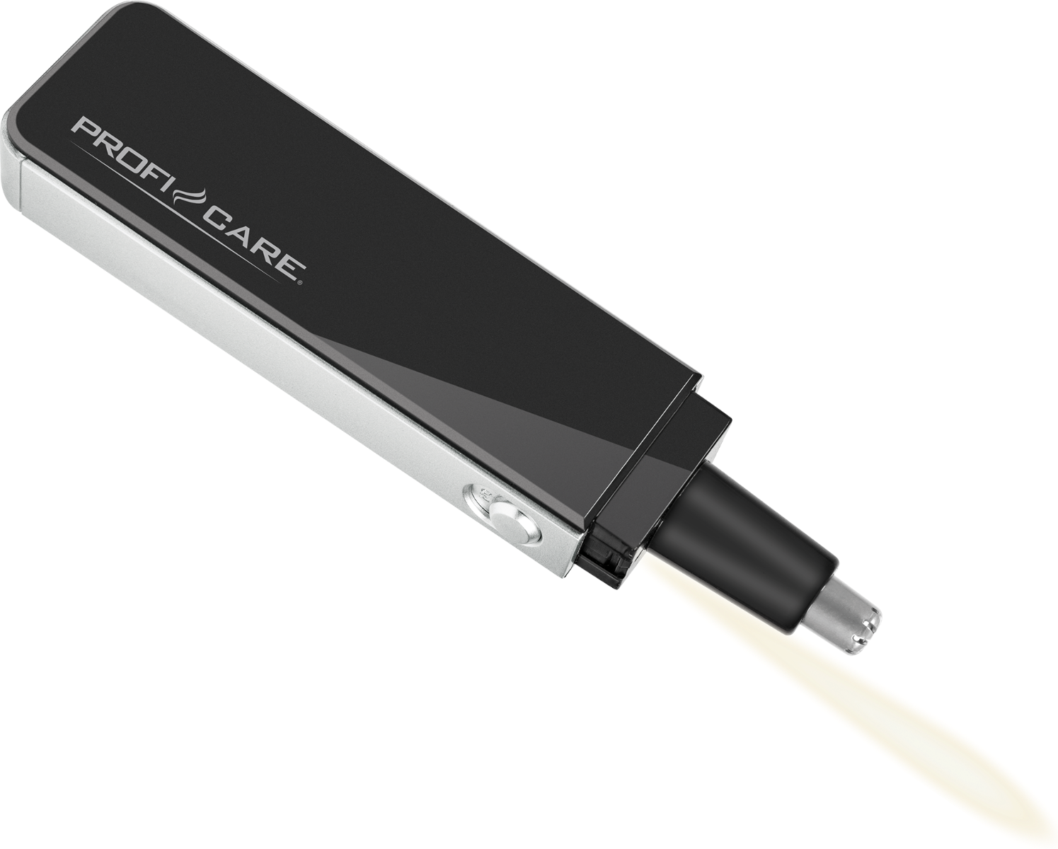 Czarny trymer do włosów w nosie. Srebrne akcenty i żółta końcówka.