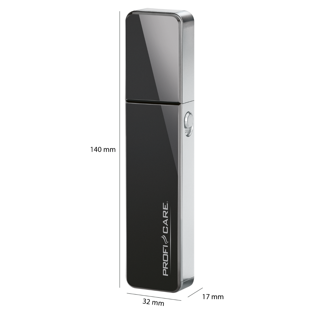 Czarny i srebrny masażer do twarzy PROFI CARE, z wymiarami.