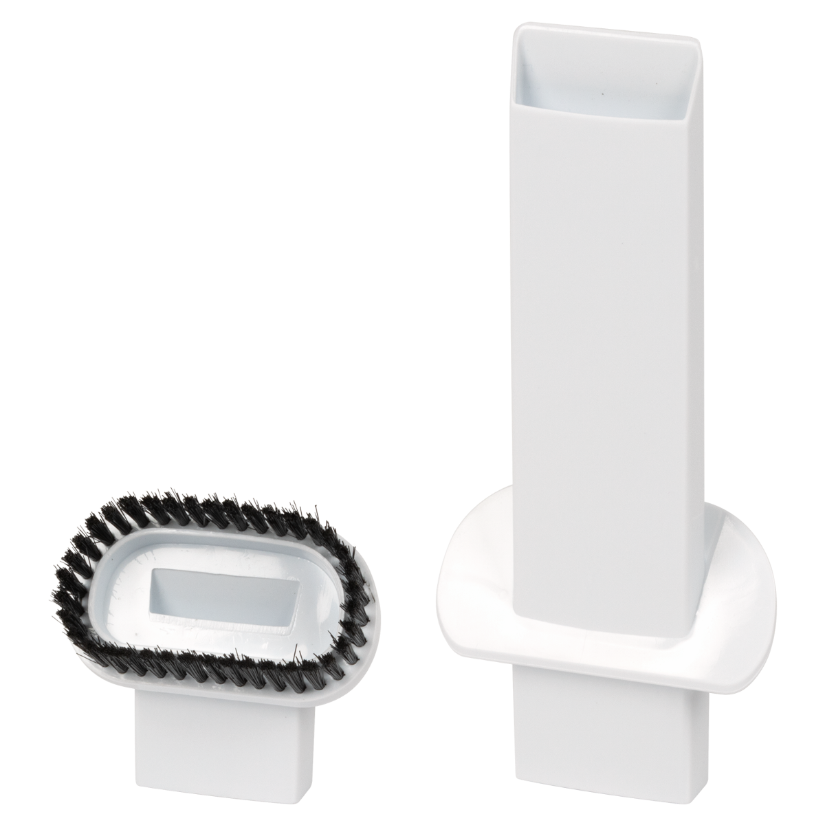 Dwa białe akcesoria do odkurzacza: jedna szczotka, jedna ssawka szczelinowa.
