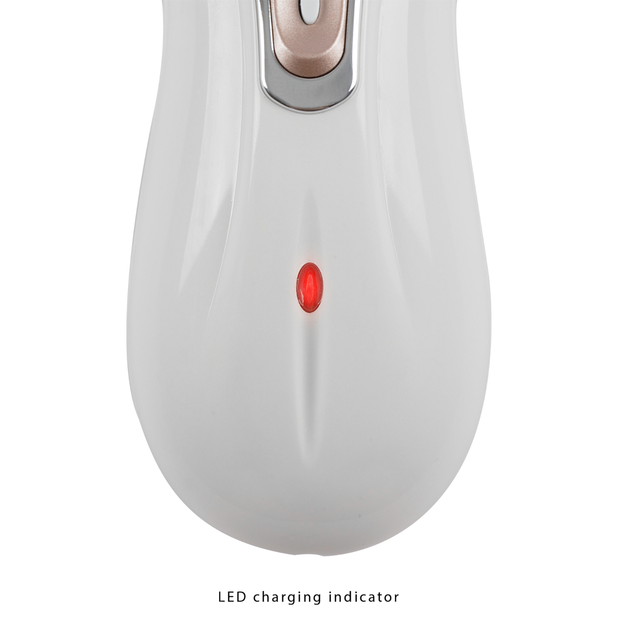Zbliżenie białego urządzenia kosmetycznego z czerwonym światłem. Urządzenie ma owalny kształt.