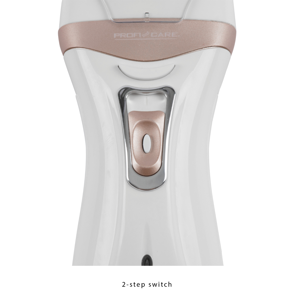 Biało-różowe złoto golarka. Widoczny przycisk zasilania. Etykieta PROFI CARE na górze.