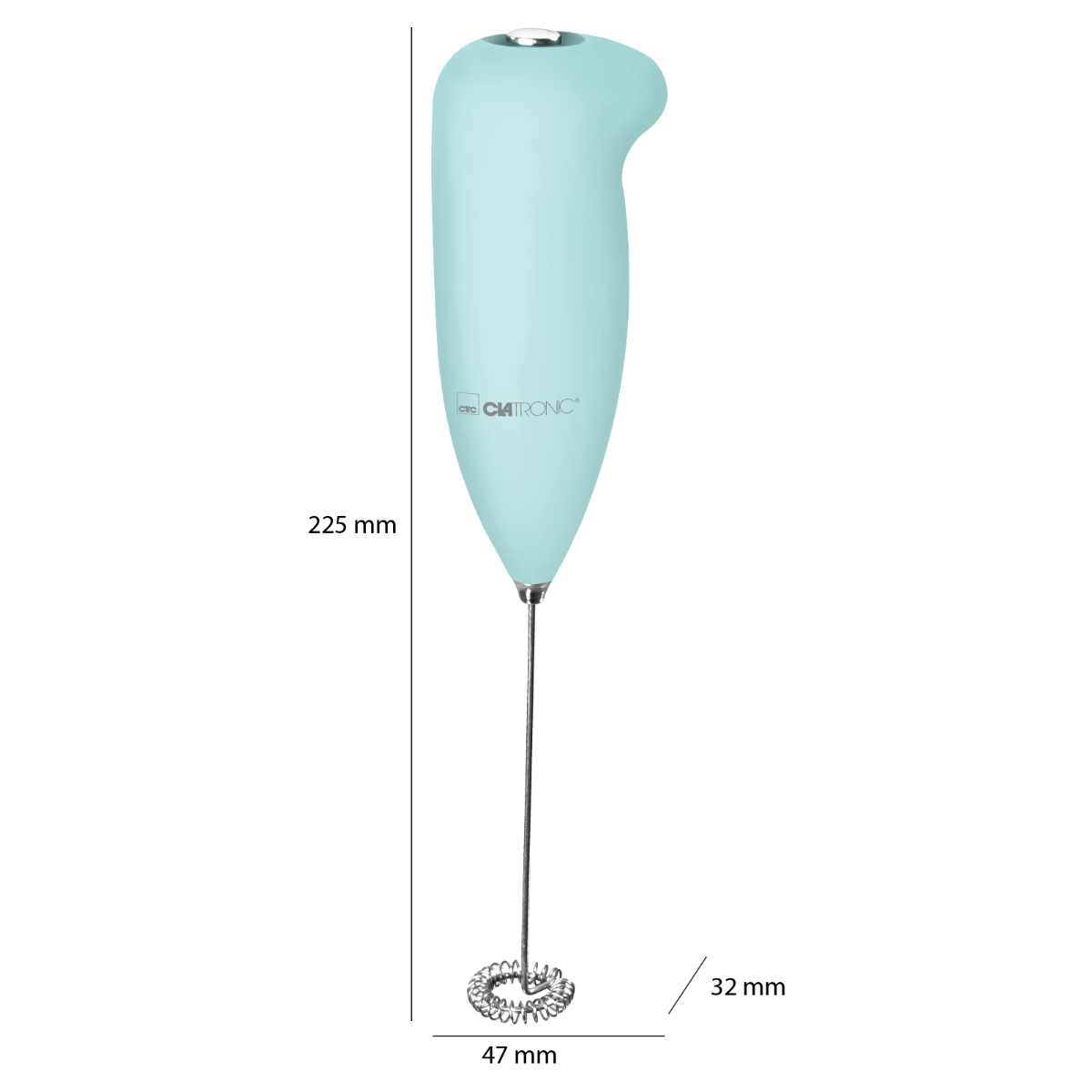 Jasnoniebieski ręczny spieniacz do mleka. Jest pionowy i odizolowany na czarnym tle.