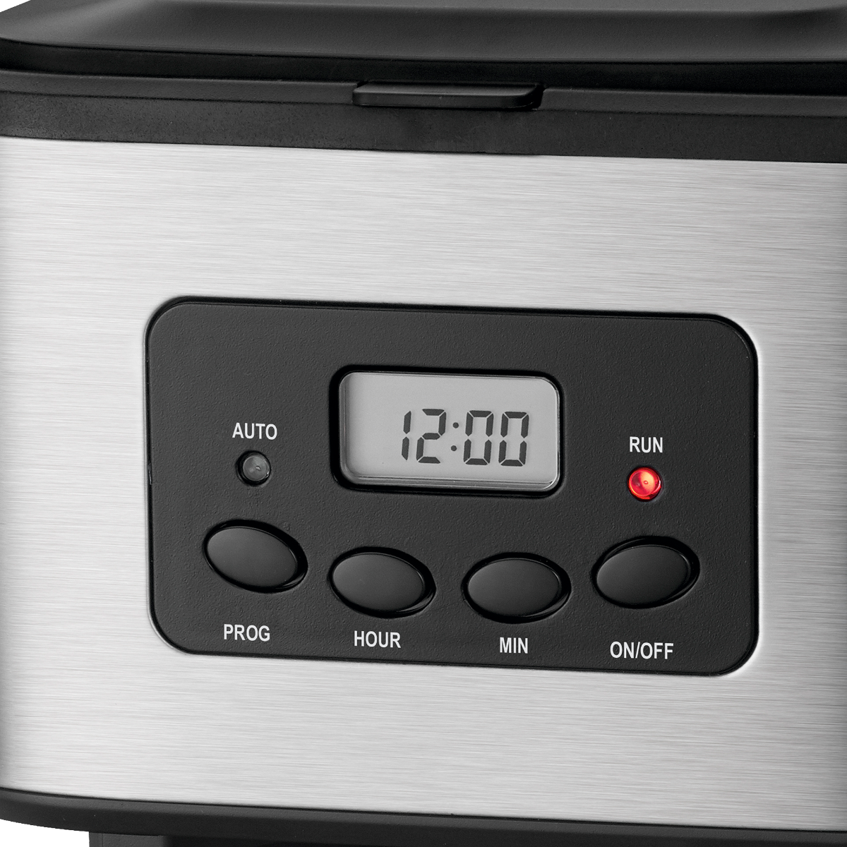 Zbliżenie cyfrowego wyświetlacza z przyciskami. Pokazuje czas, czerwone światło i sterowanie.