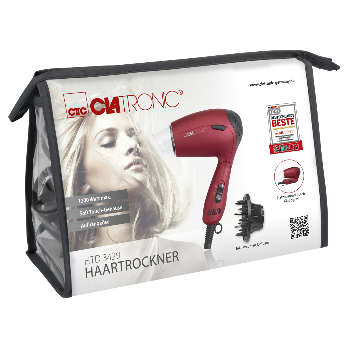Suszarka do włosów w torbie. Jest czerwona, z akcesoriami i etykietą z napisem Clatronic.