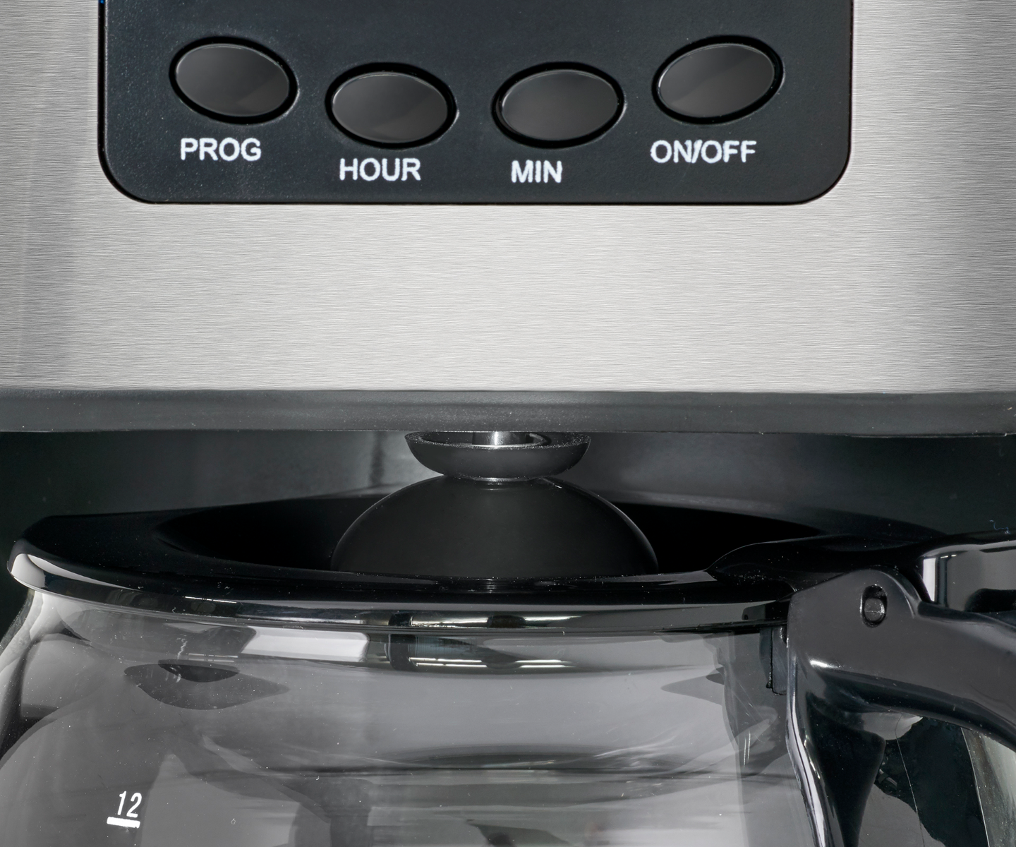 Szczegół ekspresu do kawy: Przyciski PROG, HOUR, MIN, ON/OFF i widoczny szklany dzbanek.