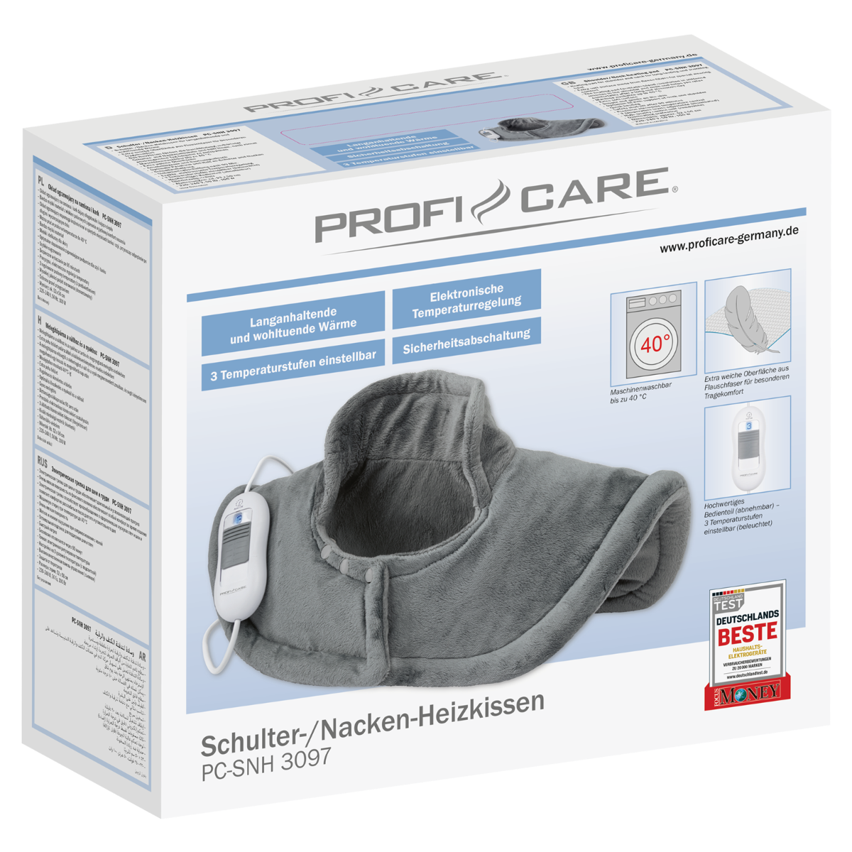 Szara poduszka rozgrzewająca szyję z panelem sterowania i tekstem na pudełku.