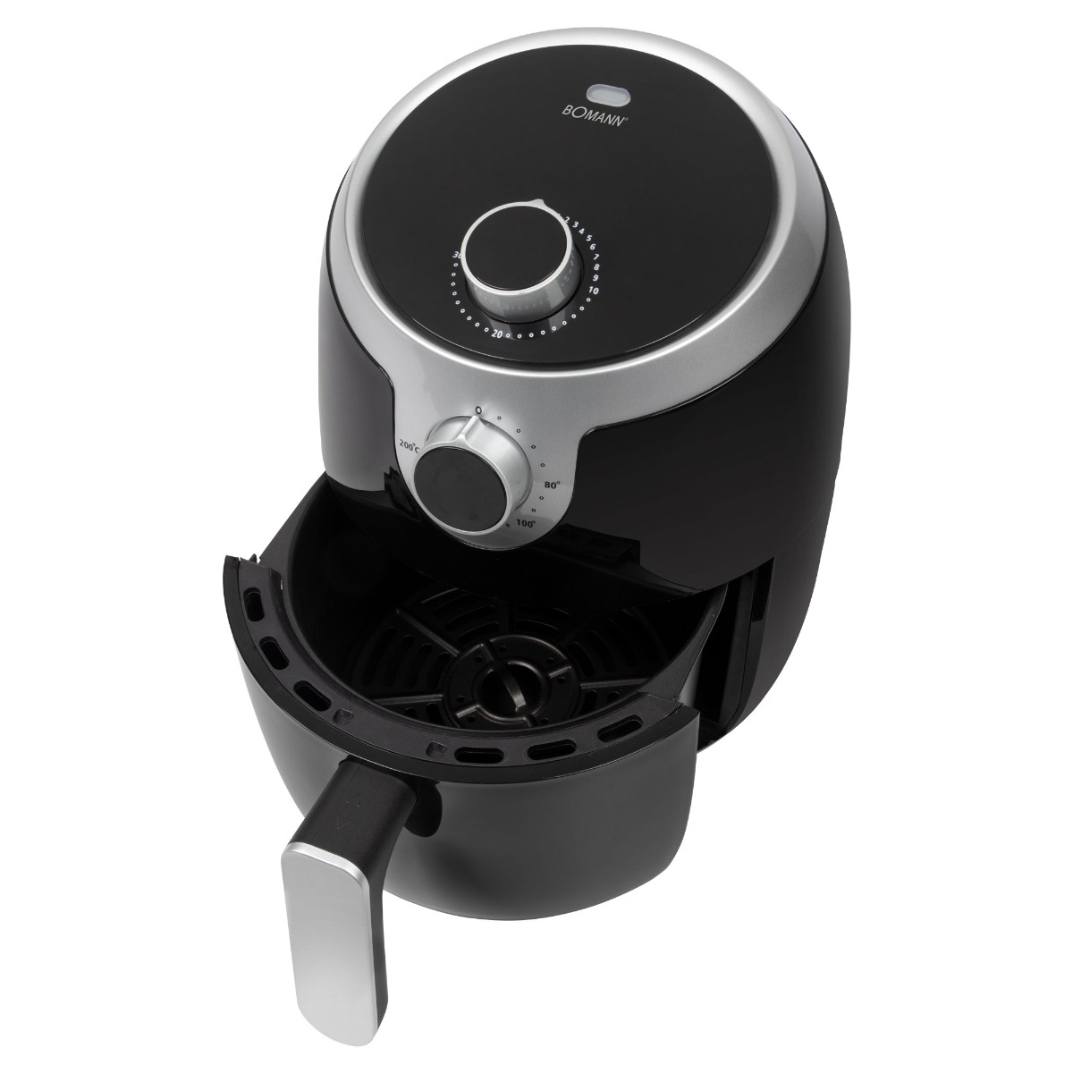 Czarna frytkownica powietrzna z uchwytem i otwartym koszem, pokazująca jej wewnętrzną strukturę.