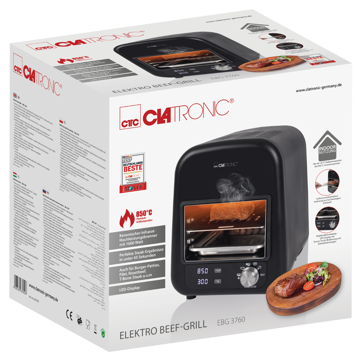 Gril à viande électrique noir dans une boîte. Il est étiqueté 'Clatronic' et 'EBG 3760'.