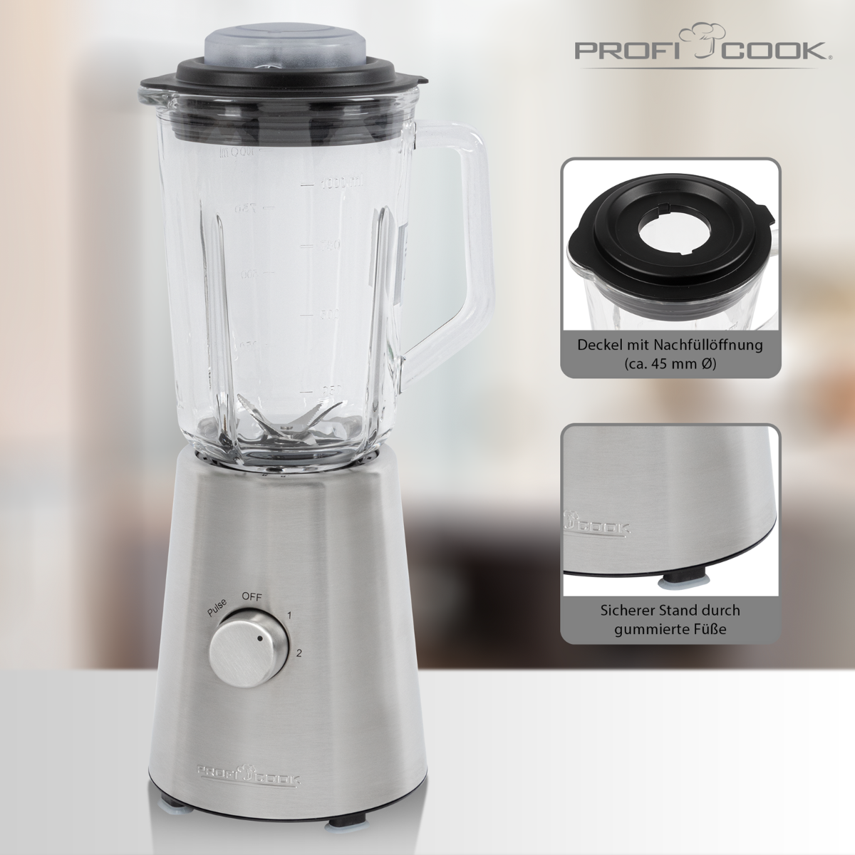 Una batidora de acero inoxidable con un vaso de vidrio, tapa y una perilla de control de dos posiciones.