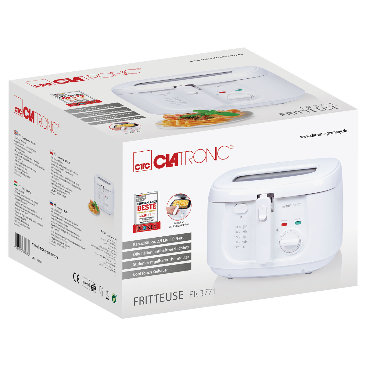 Biała frytkownica w pudełku. Pudełko pokazuje obraz frytkownicy, tekst i szczegóły.