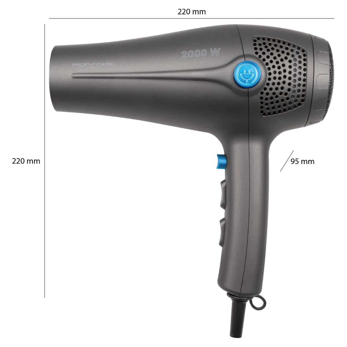 Szara suszarka do włosów z niebieskim przyciskiem i czarnym przewodem. Wymiary są pokazane. Tło jest białe.
