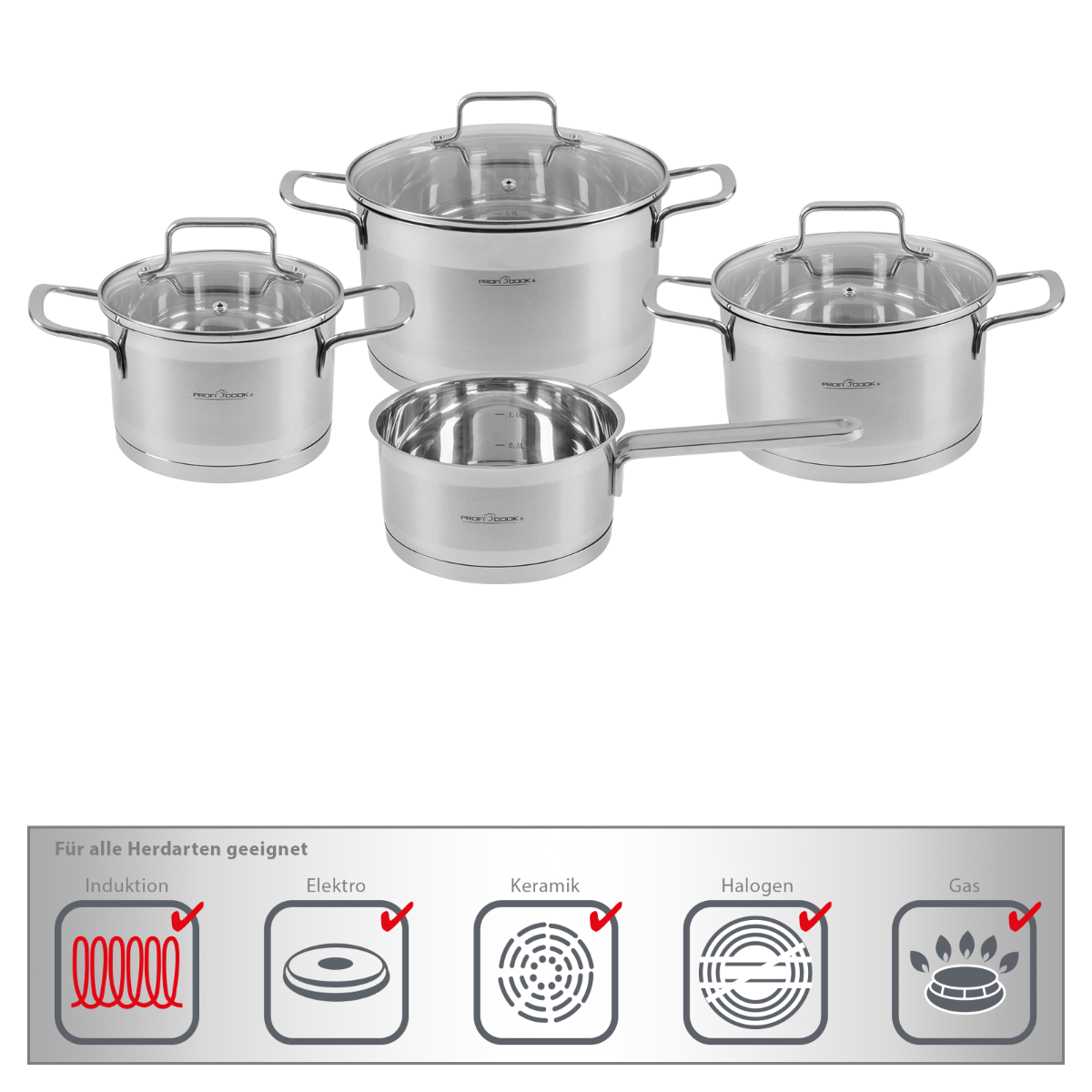 Zestaw garnków ze stali nierdzewnej ze szklanymi pokrywkami.