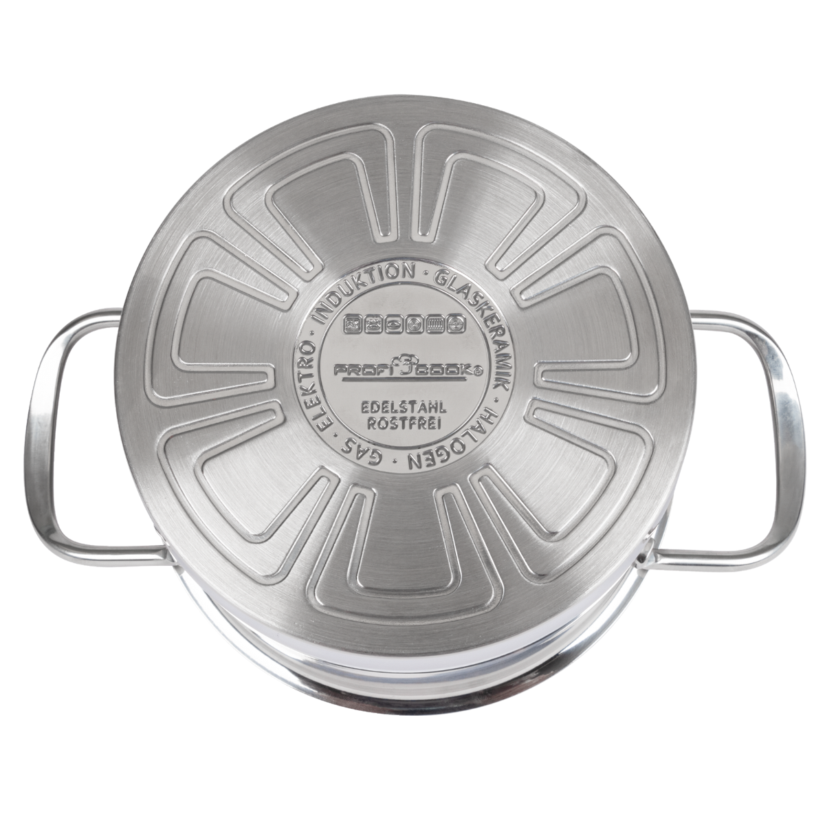 Spód garnka ze stali nierdzewnej z informacjami i oznaczeniami producenta.