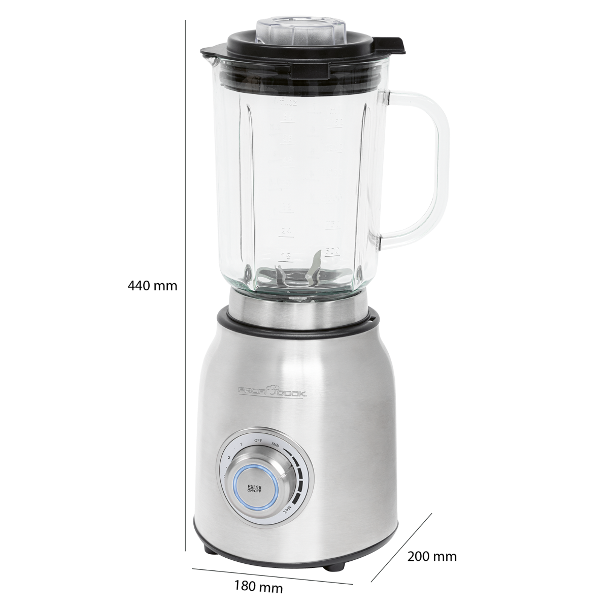 Blender ze stali nierdzewnej ze szklanym dzbanem i czarną pokrywą. Podano wymiary.