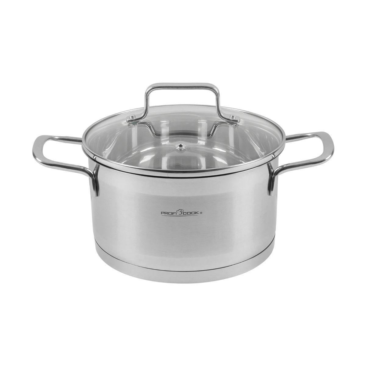 Garnek ze stali nierdzewnej ze szklaną pokrywką. Ma dwa uchwyty i nazwę marki.