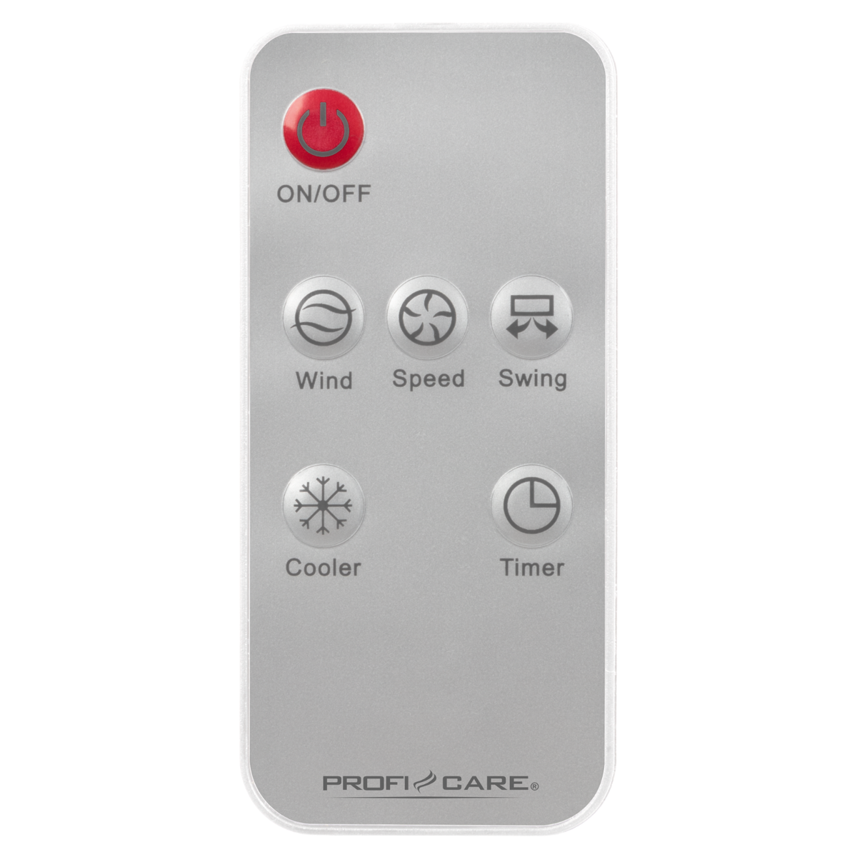 Srebrny pilot z przyciskami oznaczonymi ON/OFF, Wind, Speed, Swing, Cooler i Timer.