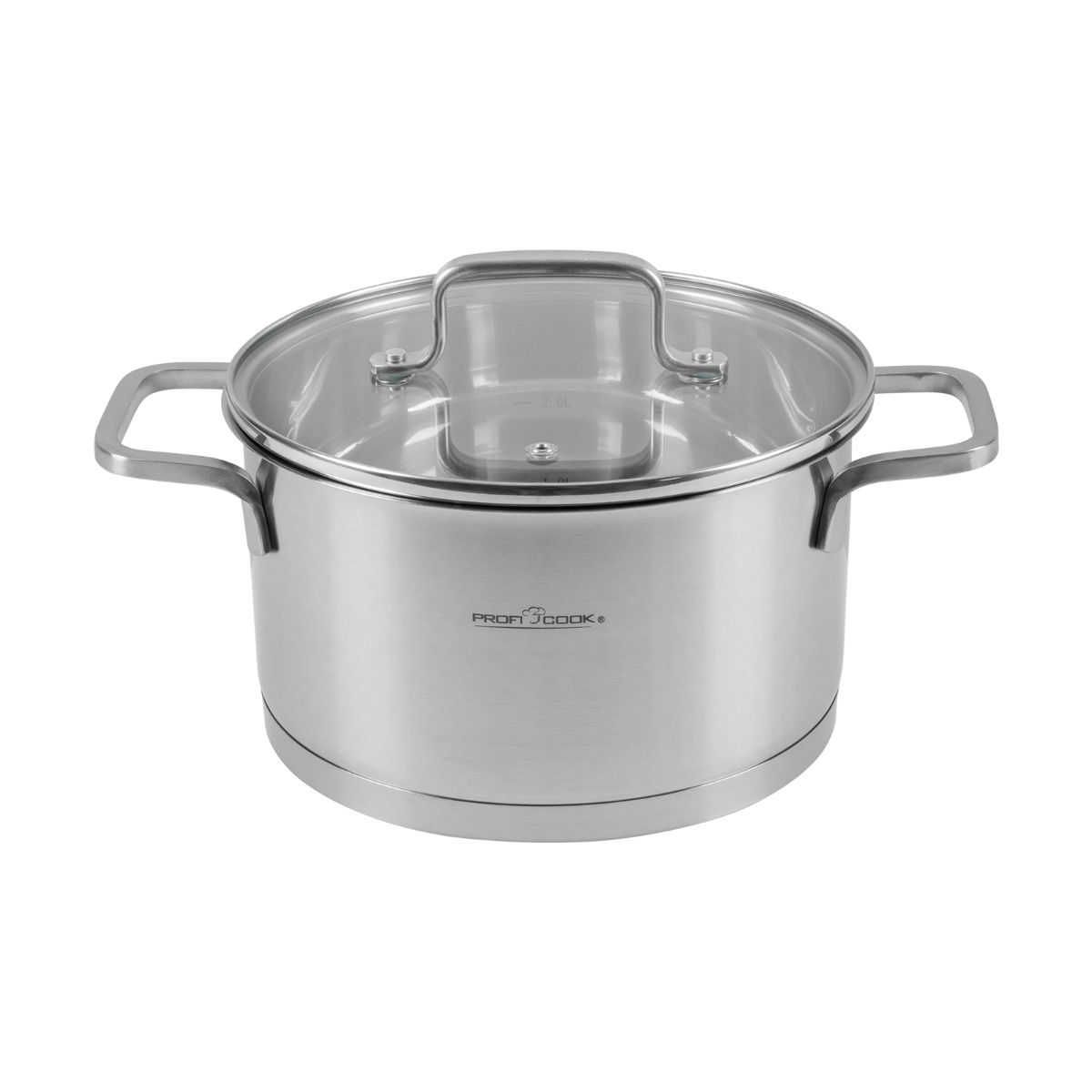 Garnek ze stali nierdzewnej ze szklaną pokrywką i dwoma uchwytami. Czarne tło.