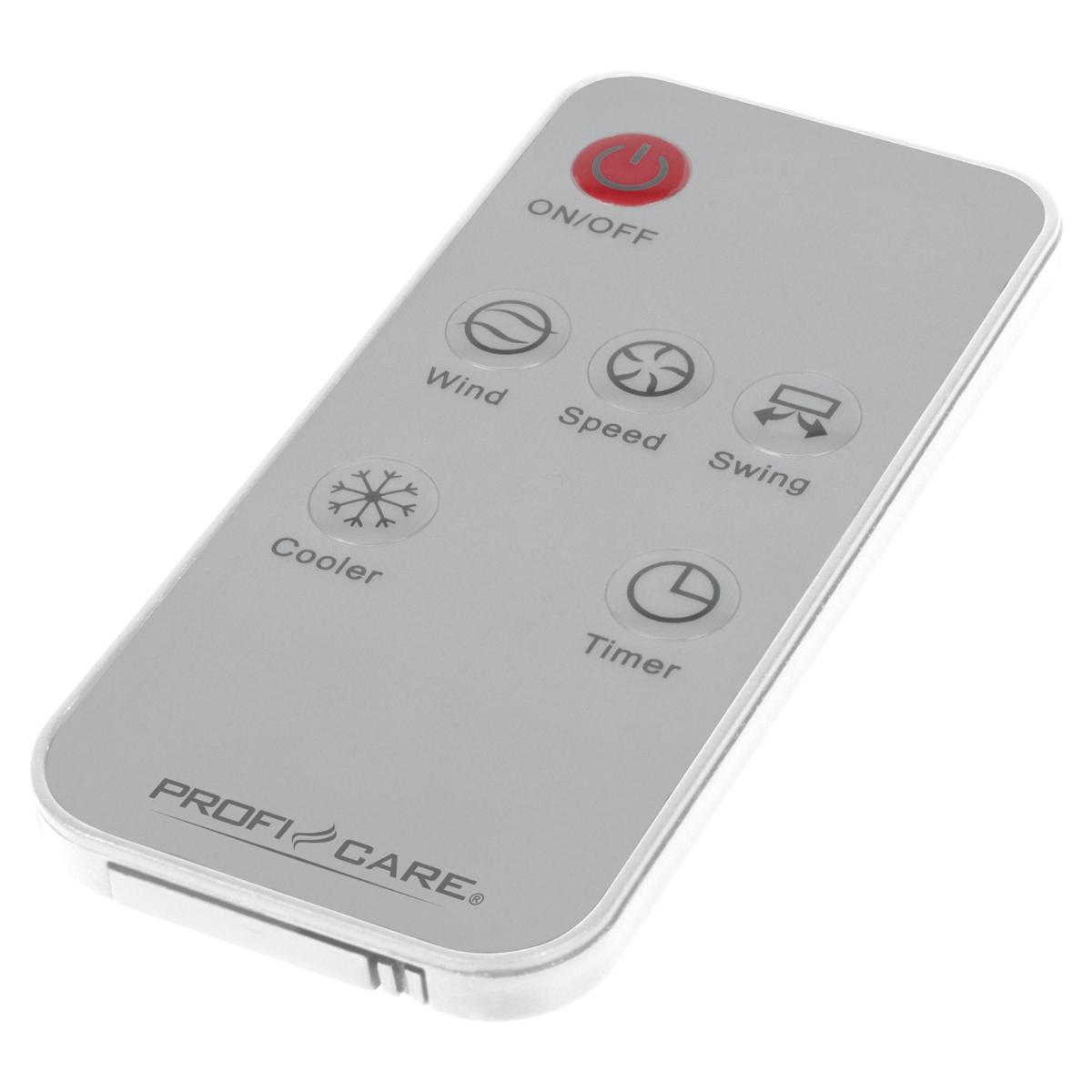 Srebrny pilot z przyciskami włącz/wyłącz, wiatr, prędkość, obrót, chłodzenie i timer.